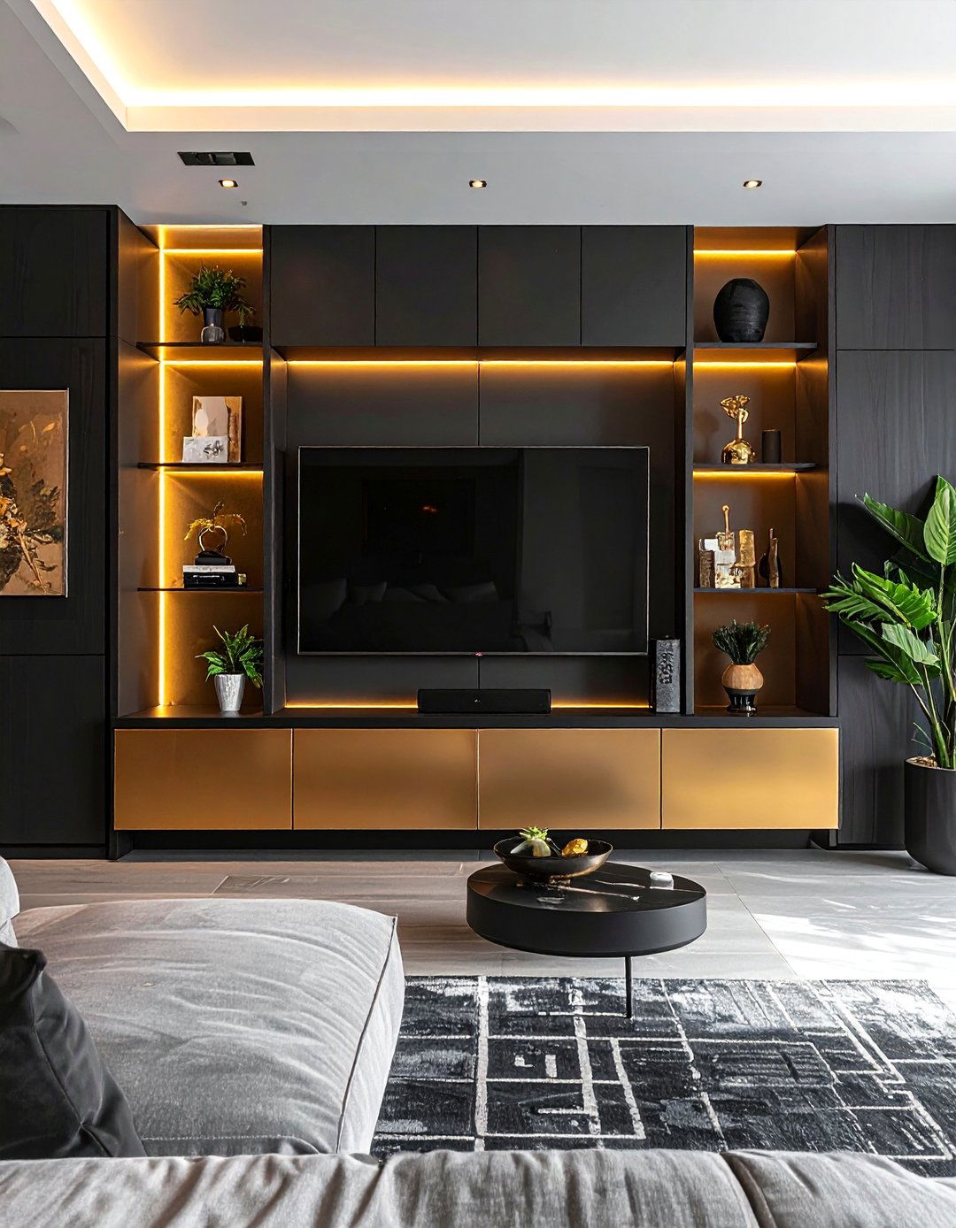 Black Built In Media Center - 40 Black and Gold Living Room Ideas for Luxurious Spaces