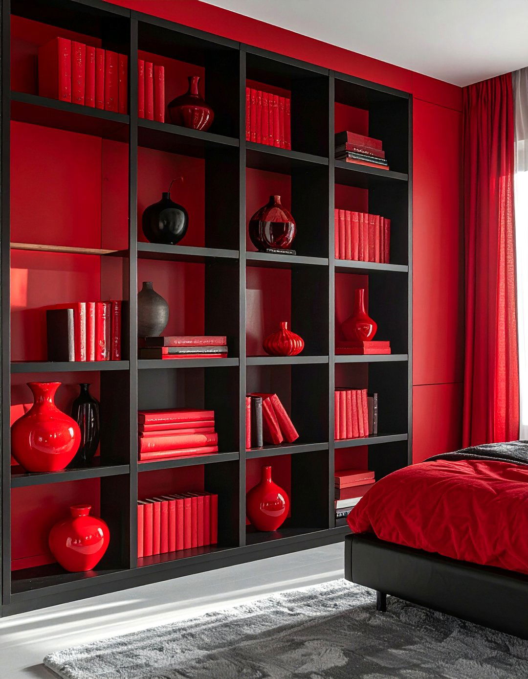 Black Built in Shelving with Red Accents - 25 Red and Black Bedroom Ideas for a Bold Statement