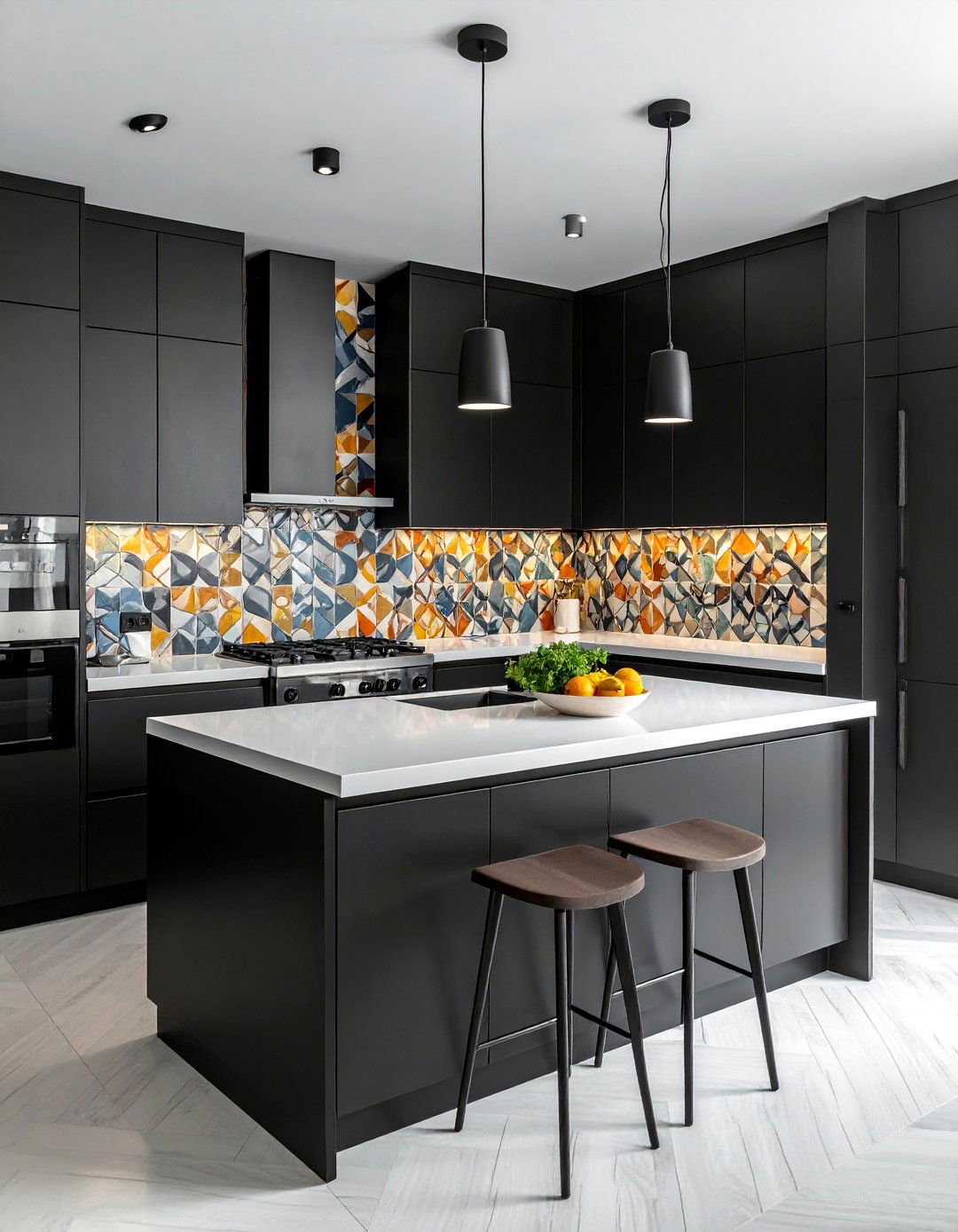Black Cabinets and White Countertops with a Bold Backsplash - 15 Black Kitchen Cabinets With White Countertops Ideas