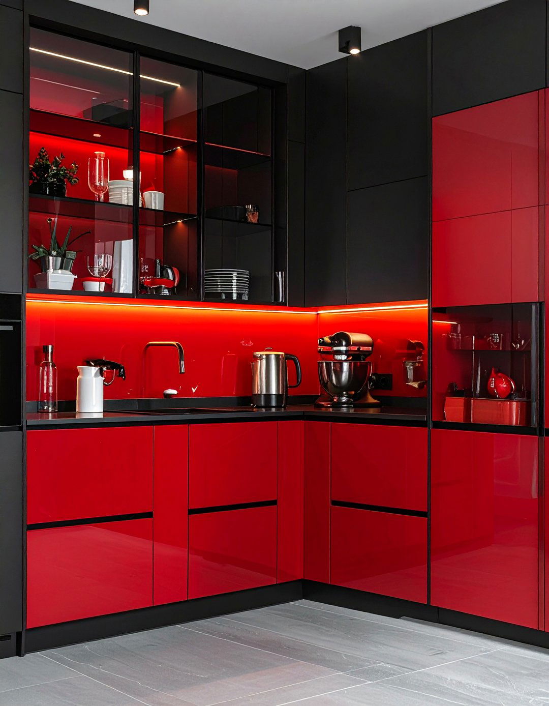 Black Cabinets with Red Interior Shelving - 25 Red and Black Kitchen Ideas for a Dramatic Flair