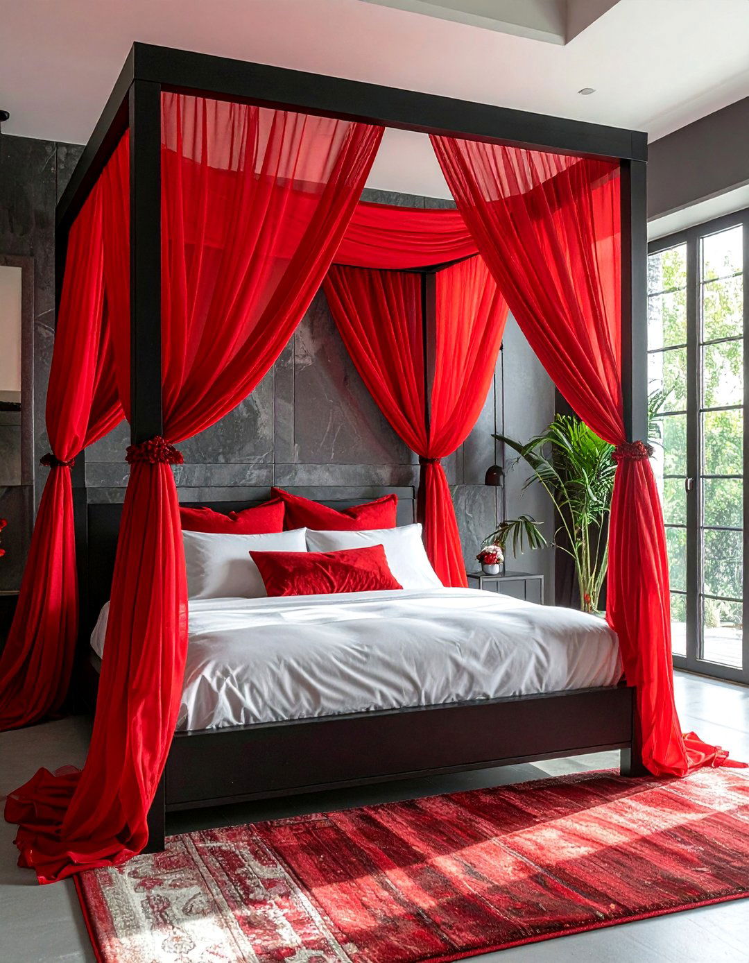 Black Canopy Bed with Red Drapes - 25 Red and Black Bedroom Ideas for a Bold Statement