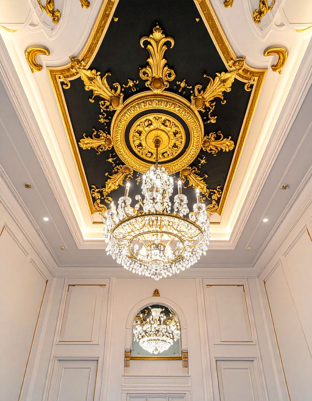 Black Ceiling with Gold Medallion - 40 Black and Gold Living Room Ideas for Luxurious Spaces
