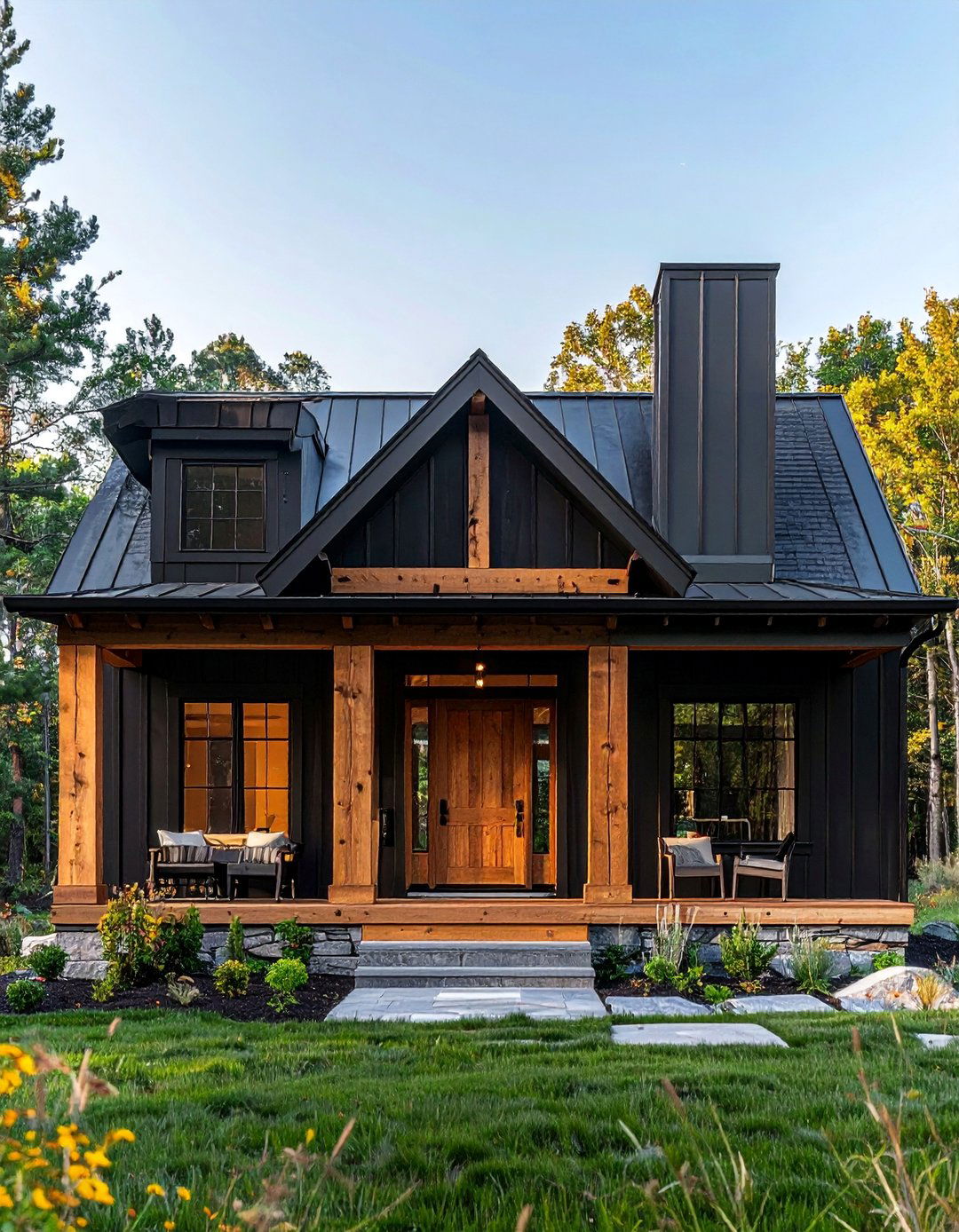 Black Exterior with Natural Wood Accents - 40 Black Modern Farmhouse Exterior Design Ideas for a Sleek Look