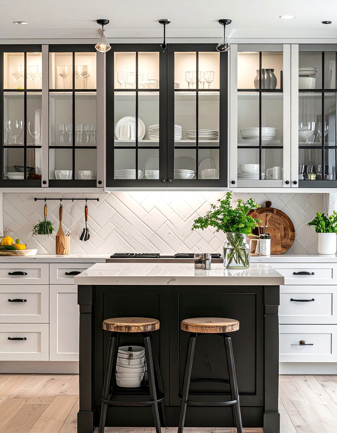 Black Framed Glass Cabinet Doors - 40 Black and White Kitchen Ideas for a Classic and Chic Space