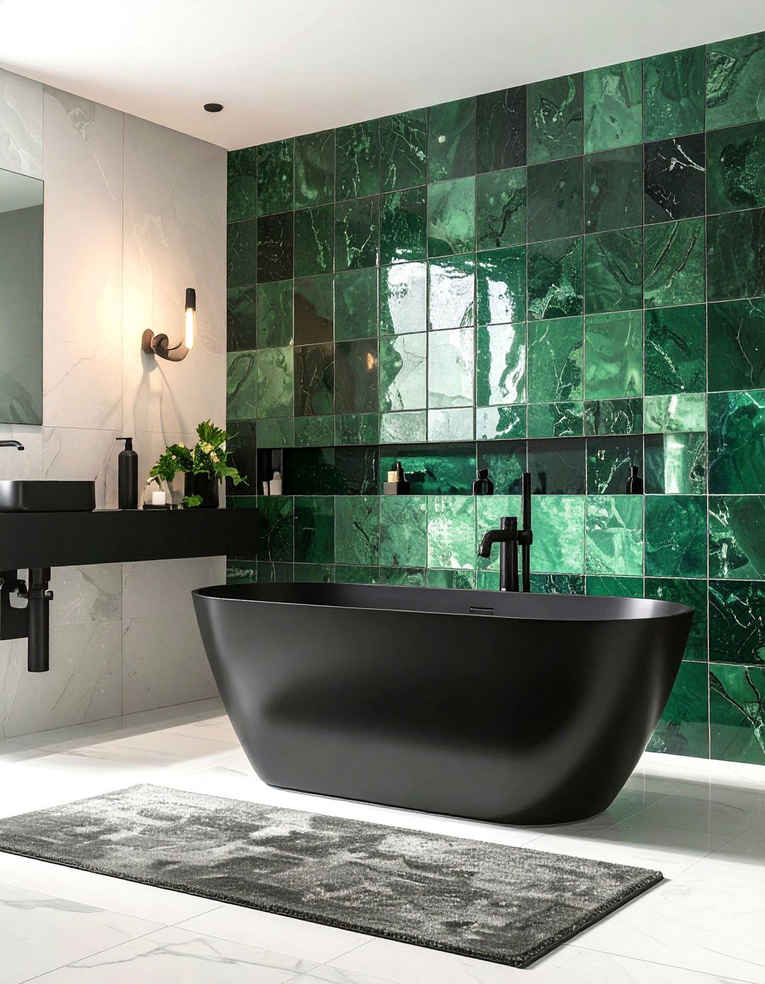 Black Freestanding Tub Against a Green Tiled Wall - 15 Stunning Black and Green Bathroom Design Ideas