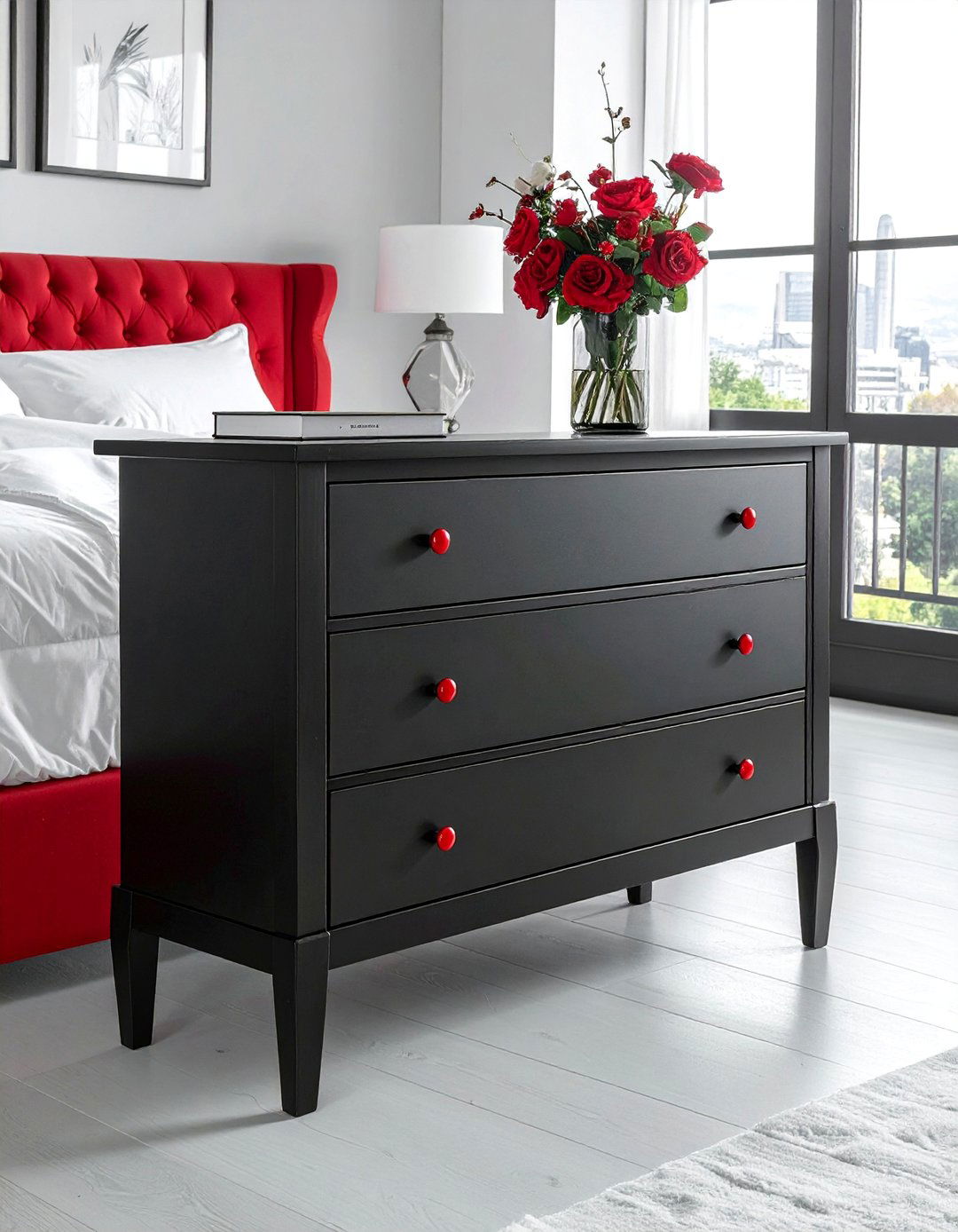 Black Furniture with Red Drawer Pulls - 25 Red and Black Bedroom Ideas for a Bold Statement