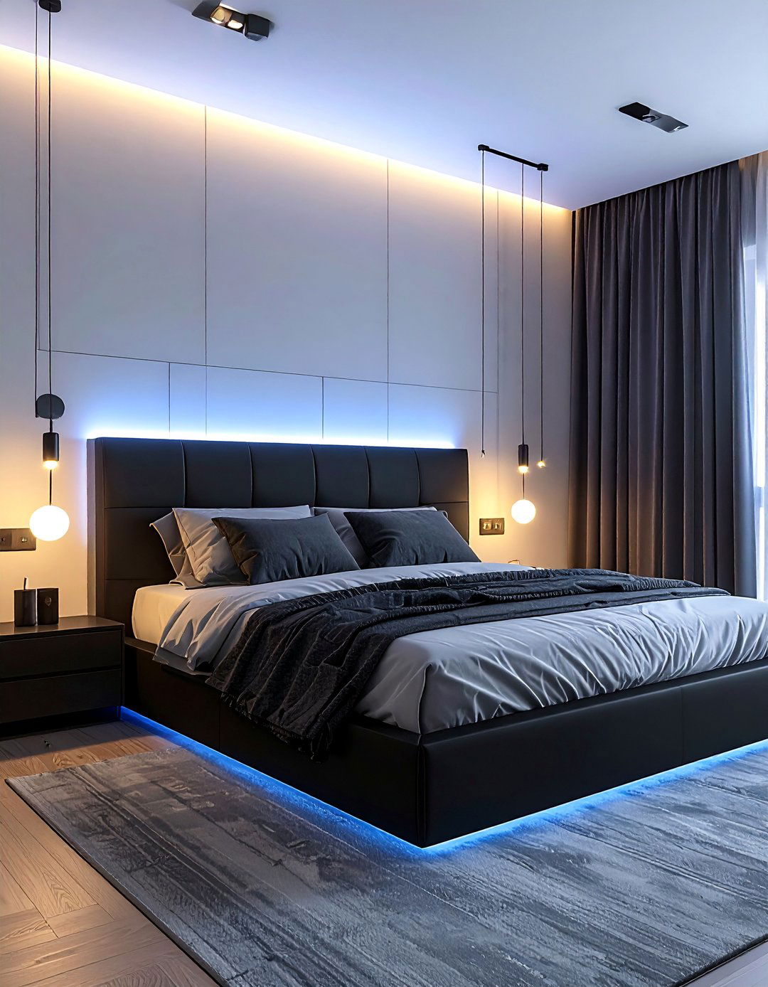 Black Headboard with LED Backlighting - 15 Black Headboard Bedroom Ideas for Dramatic Flair