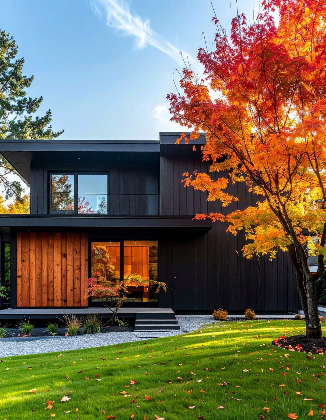 Black House with Cedar Trim Around the Roofline - 20 Black House with Cedar Accents Design Ideas