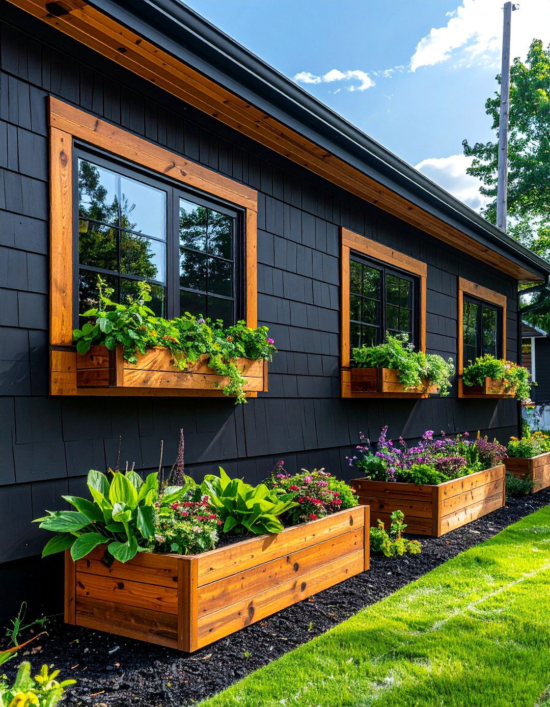 Black House with Cedar Window Box Planters - 20 Black House with Cedar Accents Design Ideas