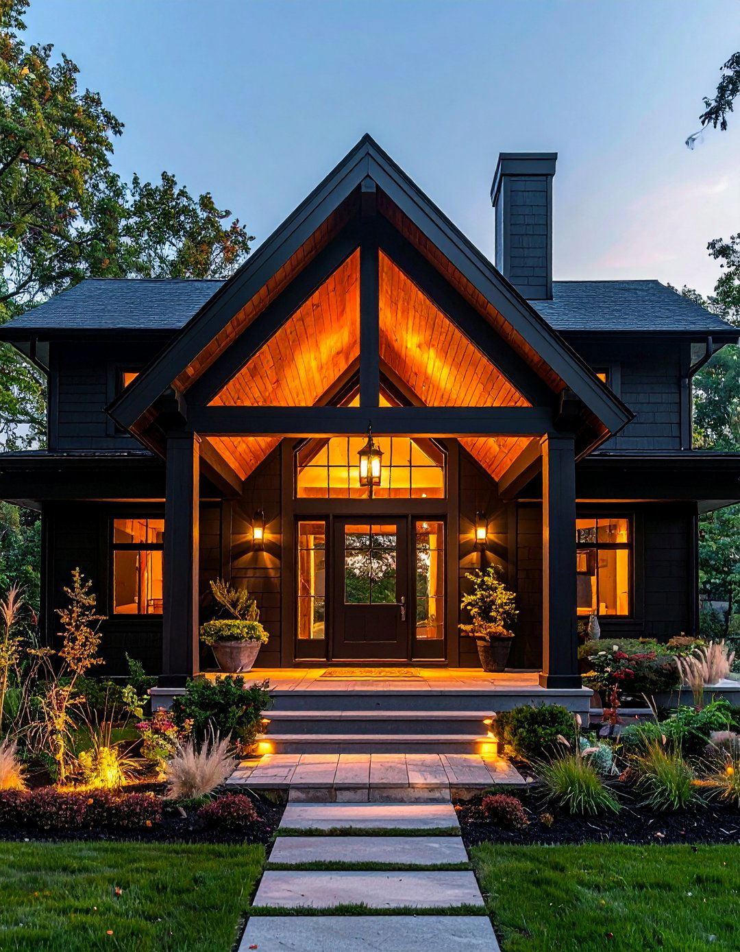 Black House with a Cedar Lined Gabled Entryway - 20 Black House with Cedar Accents Design Ideas