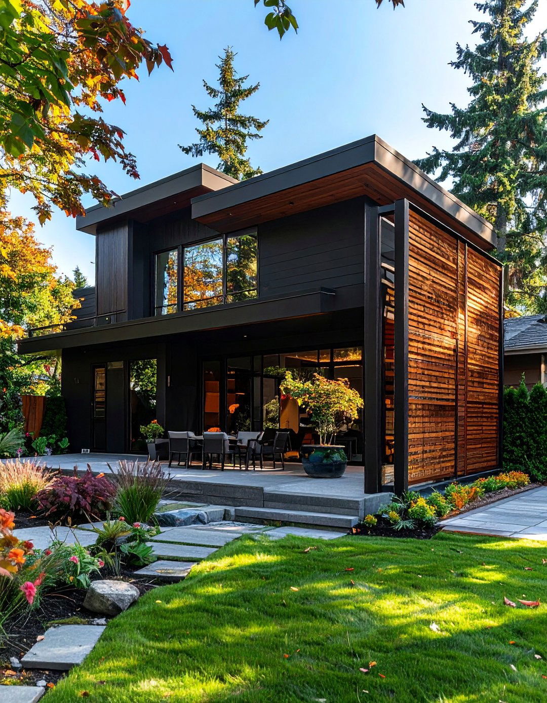 Black House with a Slatted Cedar Privacy Screen - 20 Black House with Cedar Accents Design Ideas