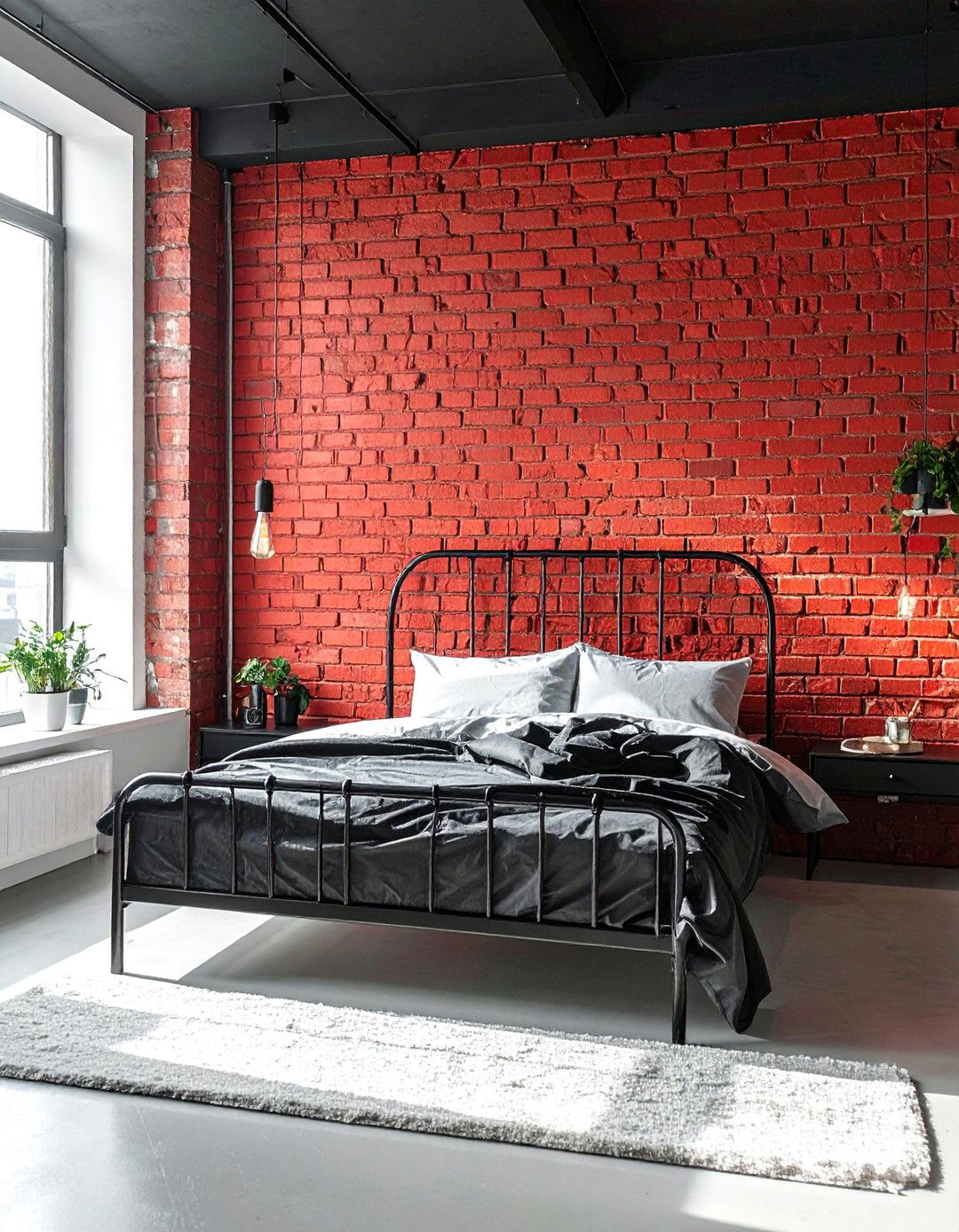 Black Industrial Furniture with Red Brick Wall - 25 Red and Black Bedroom Ideas for a Bold Statement