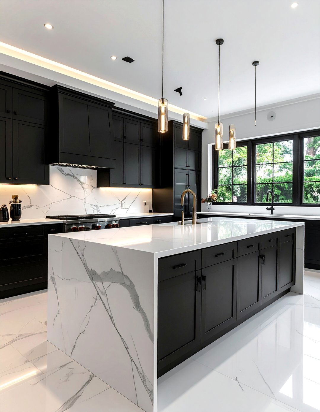 Black Kitchen Cabinets with a Thick Mitered Edge White Countertop - 15 Black Kitchen Cabinets With White Countertops Ideas