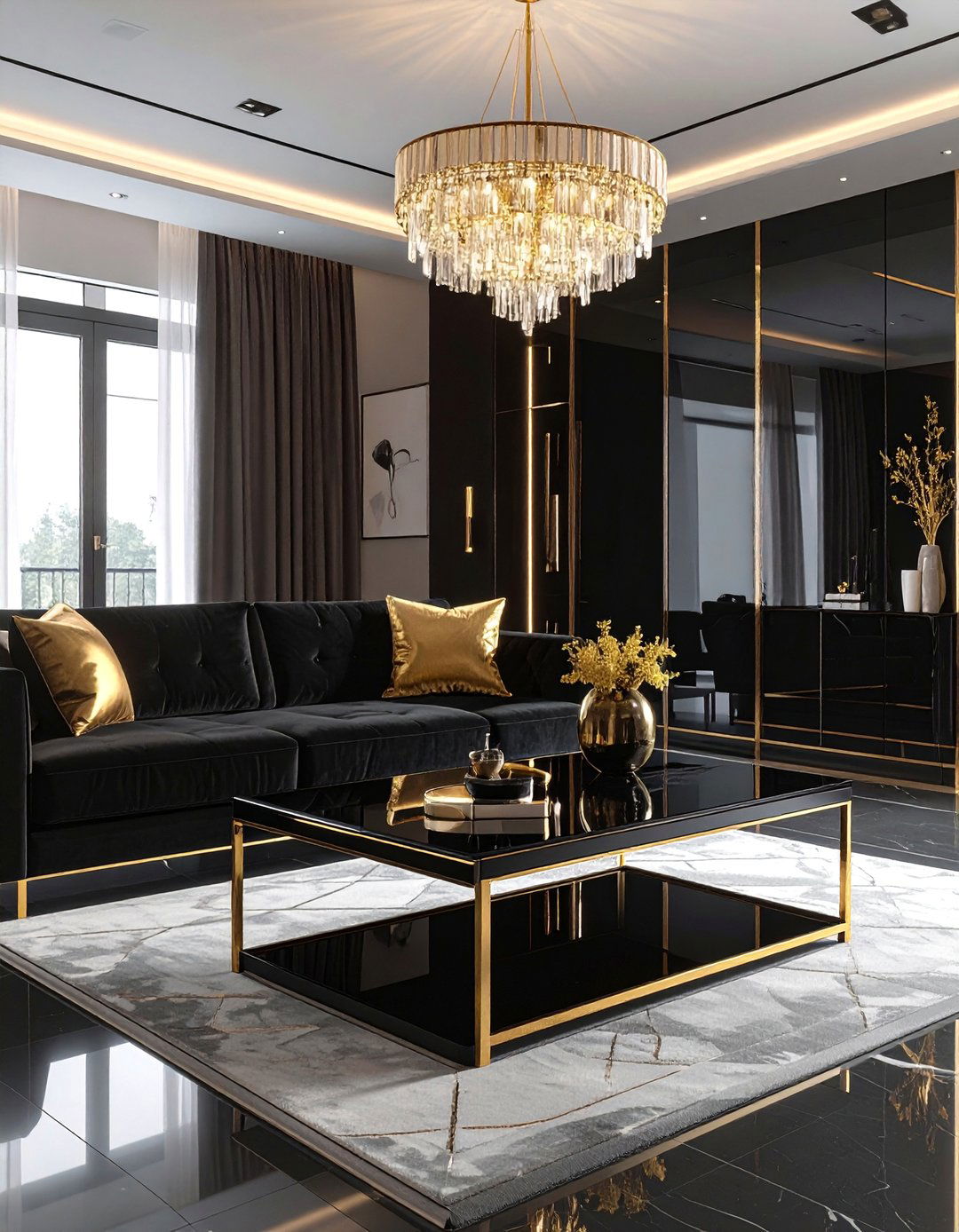 Black Lacquer Coffee Table - 40 Black and Gold Living Room Ideas for Luxurious Spaces