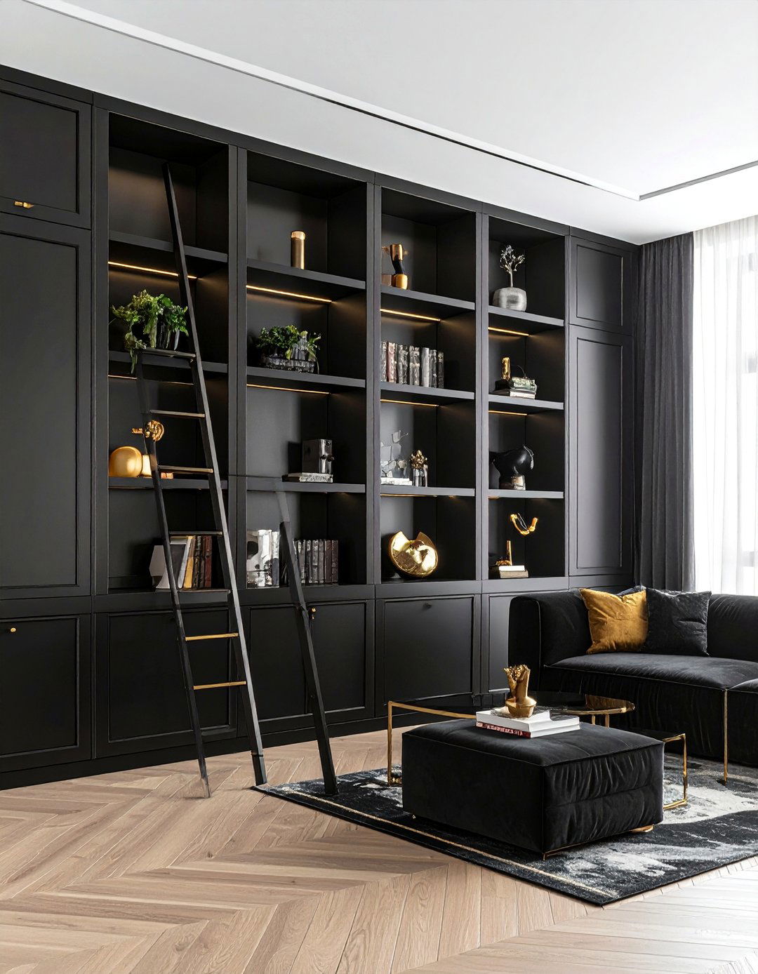 Black Lacquered Bookshelves with Gold Hardware - 40 Black and Gold Living Room Ideas for Luxurious Spaces