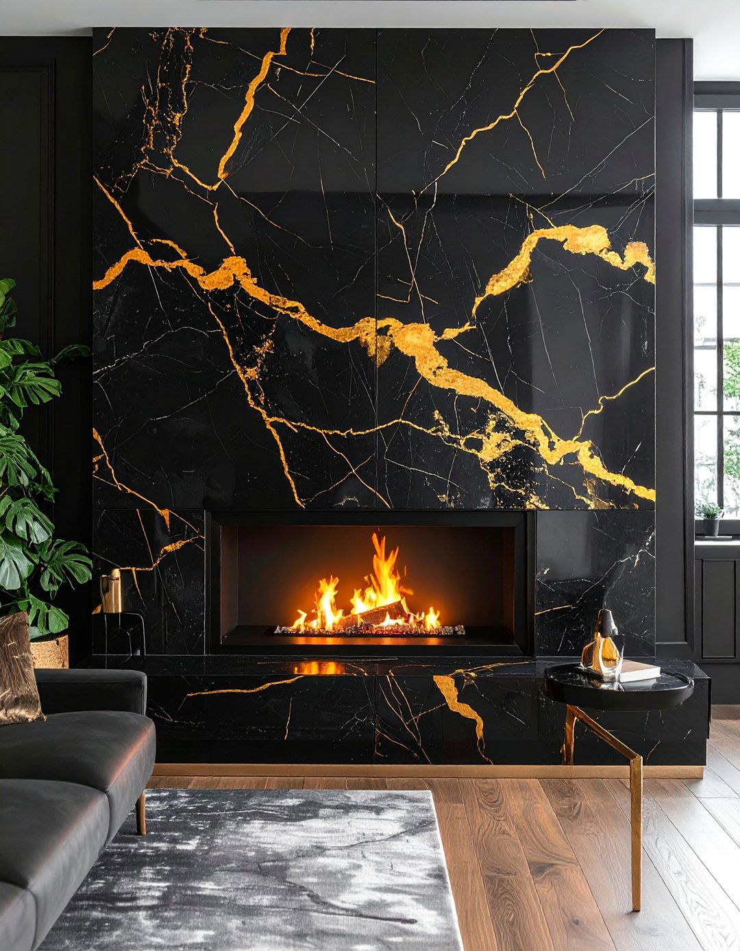 Black Marble Fireplace with Gold Veining - 40 Black and Gold Living Room Ideas for Luxurious Spaces