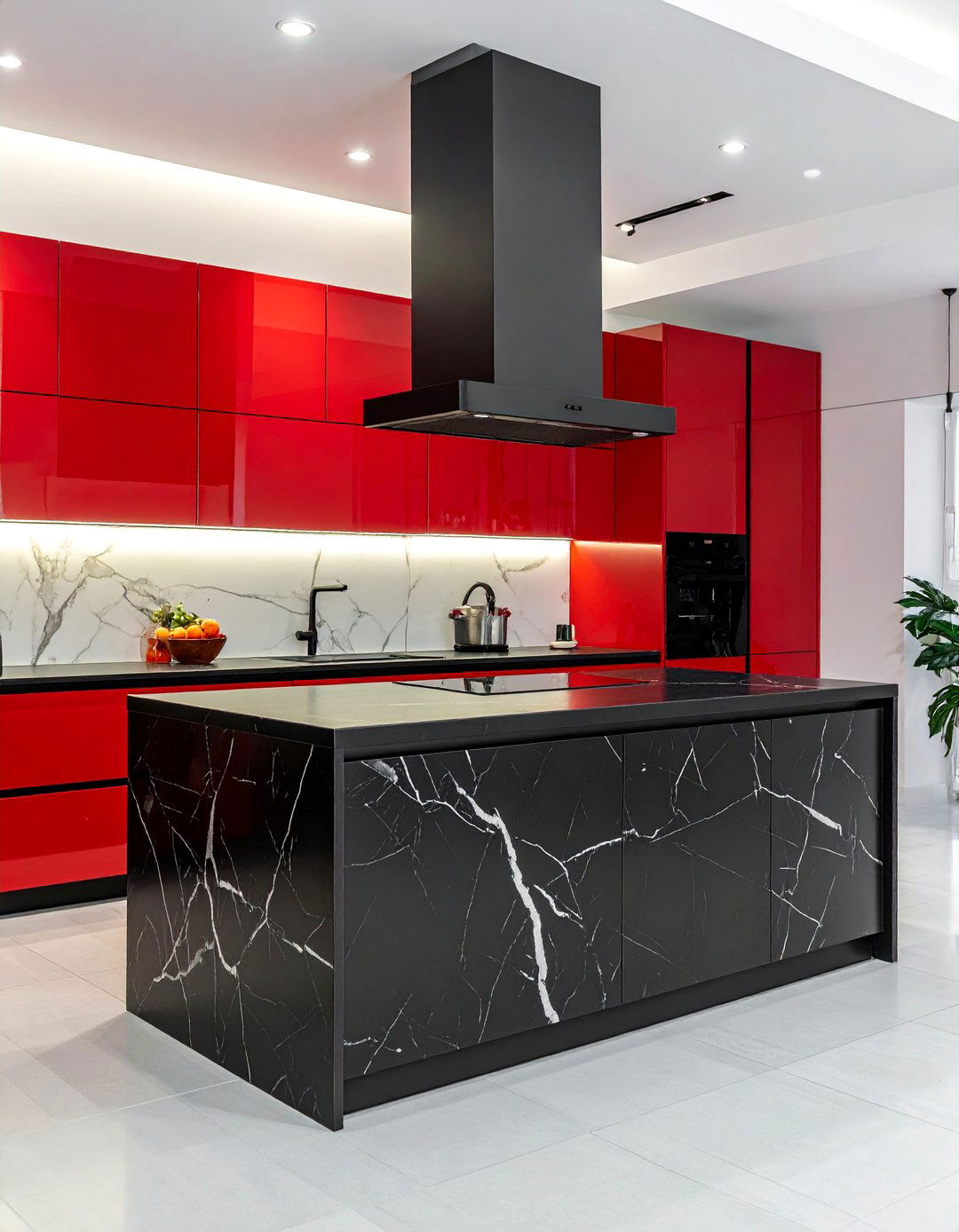 Black Marble Waterfall Island - 25 Red and Black Kitchen Ideas for a Dramatic Flair