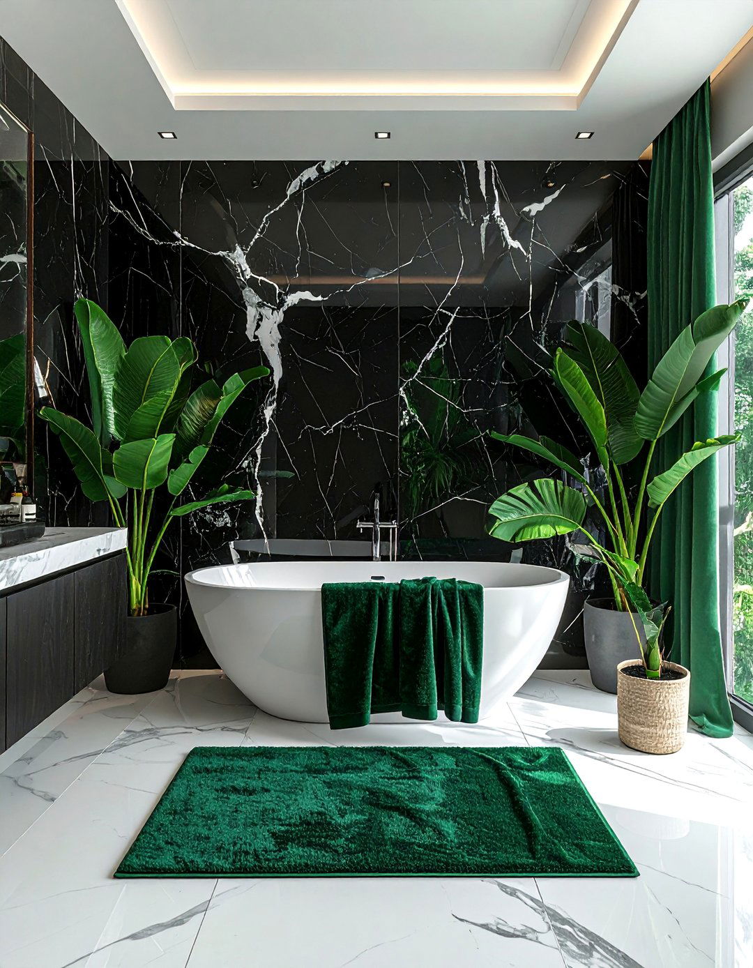 Black Marble with Green Accents - 15 Stunning Black and Green Bathroom Design Ideas