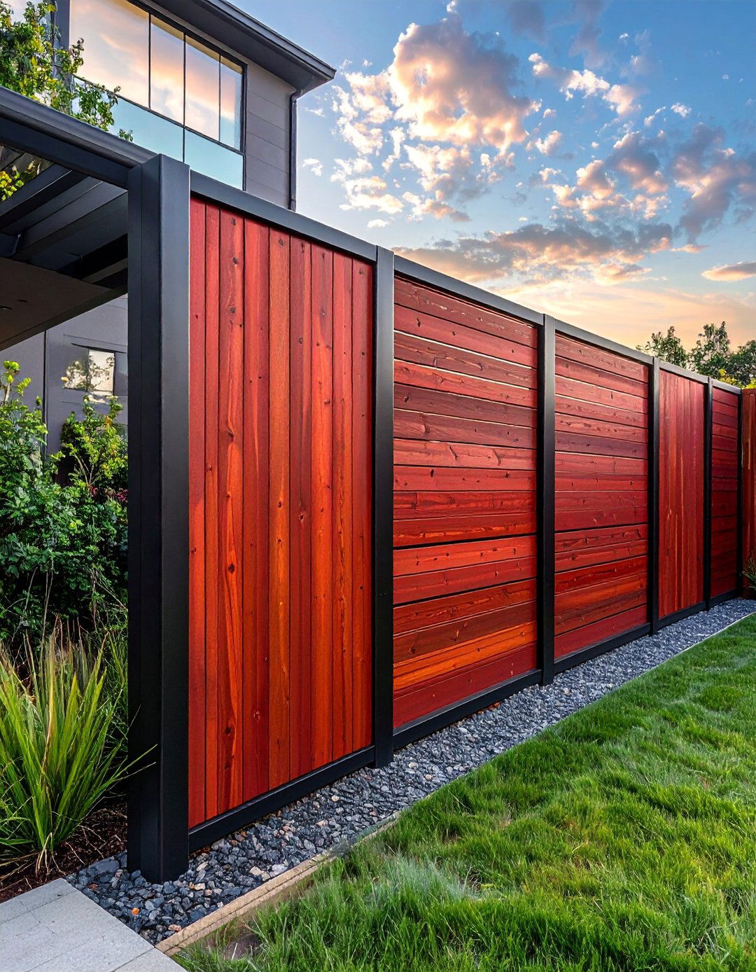 Black Metal Frame with Cedar Infill Fence - 25 Metal and Wood Fence Ideas for Your Outdoor Space