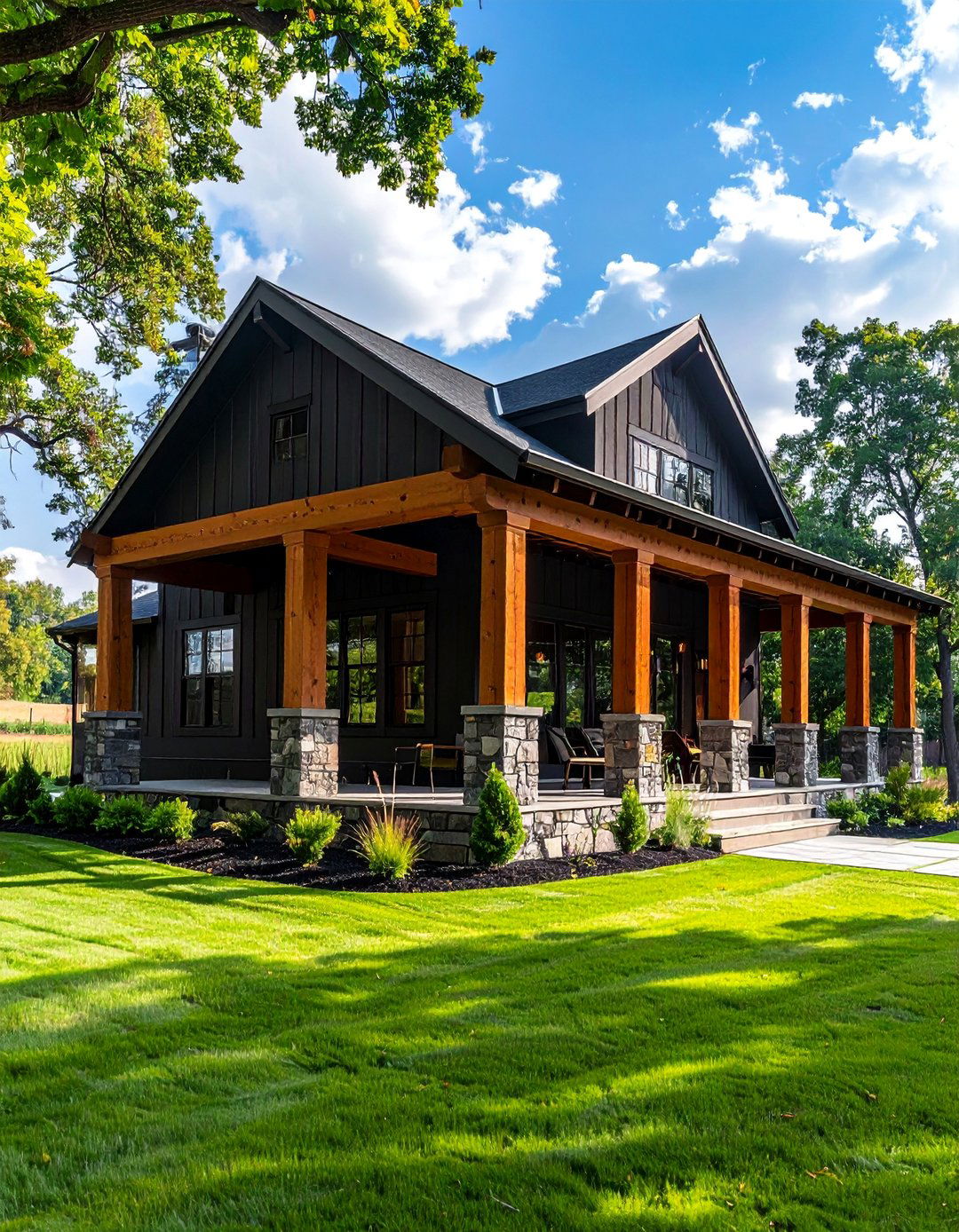 Black Ranch Style House with Cedar Porch Beams - 20 Black House with Cedar Accents Design Ideas