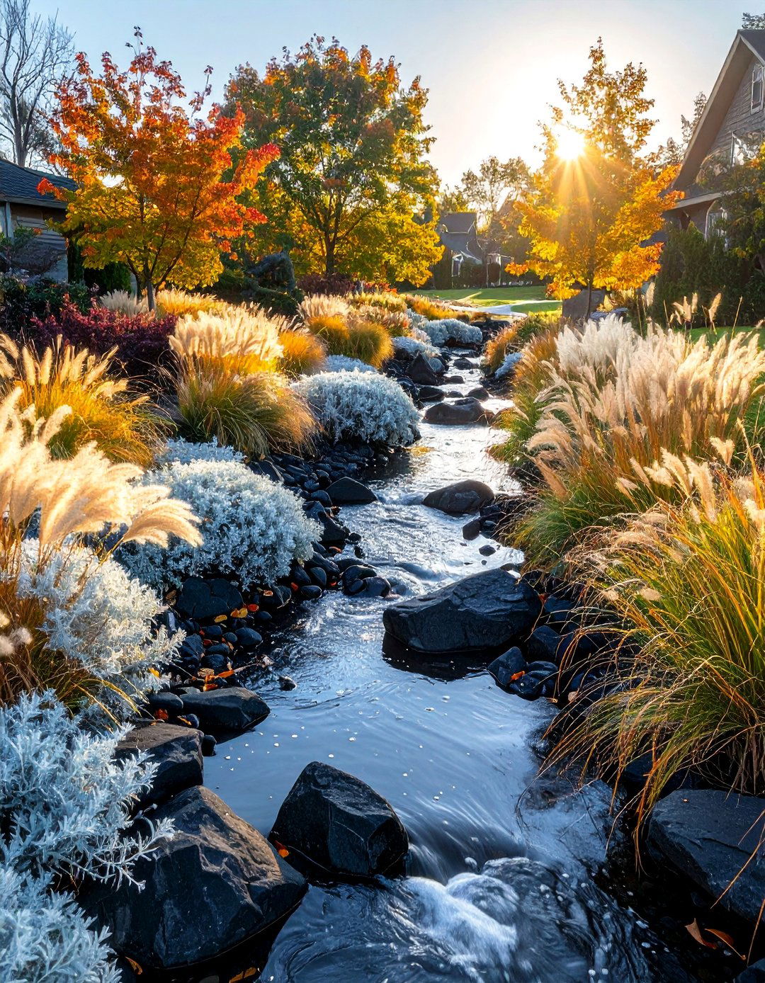 Black River Rock Contrast Creek - 30 Front Yard Dry Creek Bed Landscaping Ideas