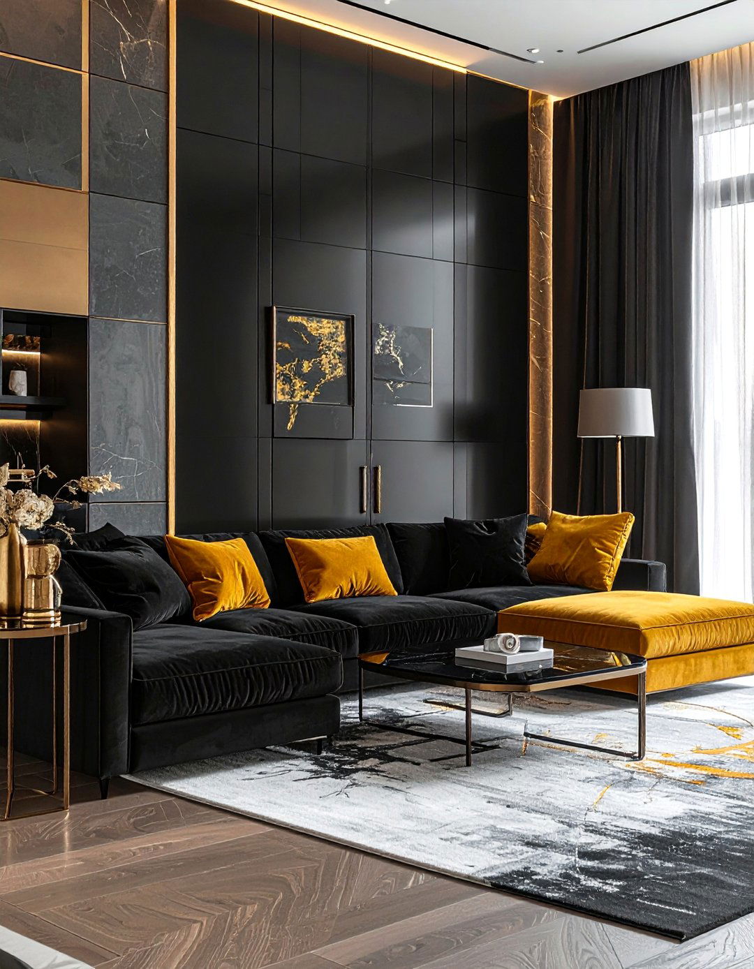 Black Sectional with Gold Chaise - 40 Black and Gold Living Room Ideas for Luxurious Spaces