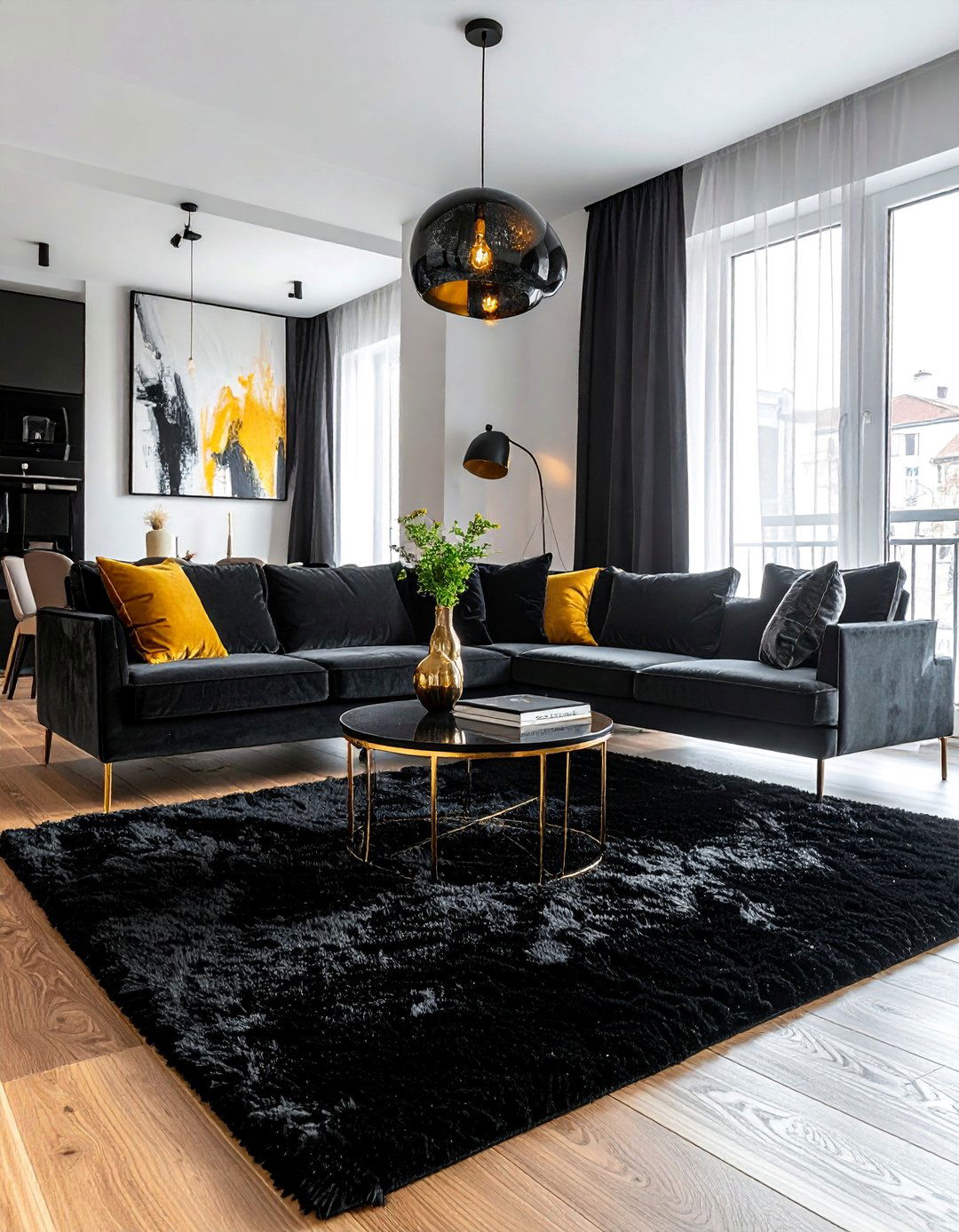 Black Shag Rug for Texture - 40 Black and Gold Living Room Ideas for Luxurious Spaces
