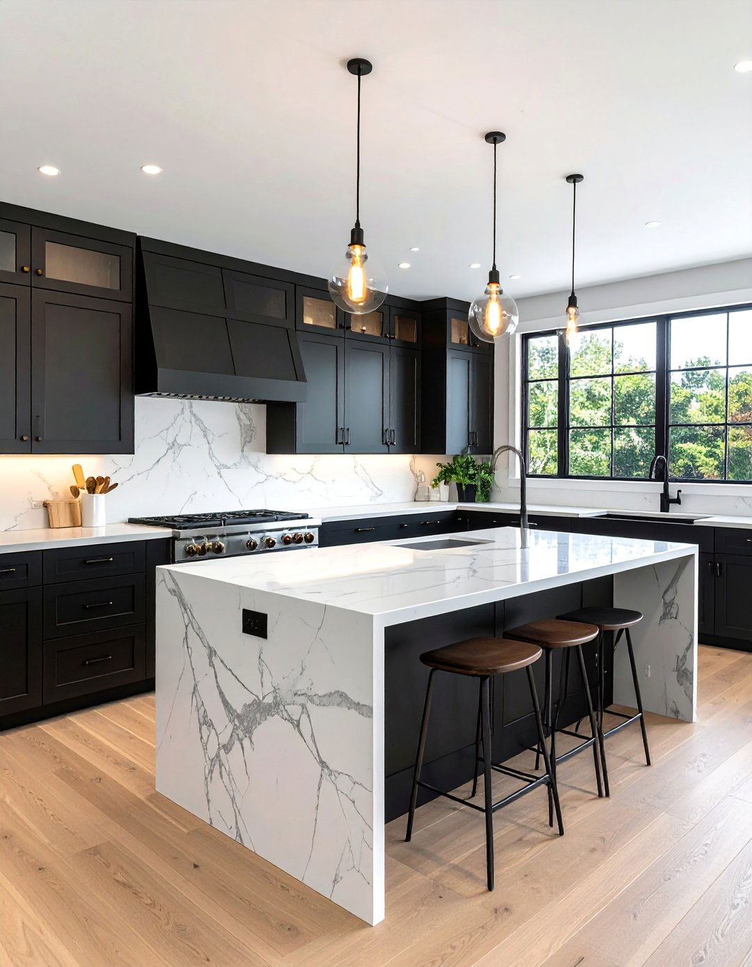 Black Shaker Cabinets with a Contrasting White Countertop Island - 15 Black Kitchen Cabinets With White Countertops Ideas