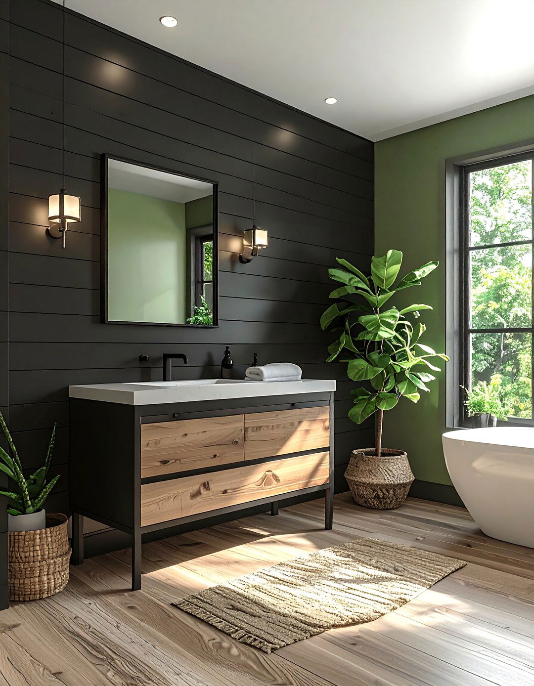 Black Shiplap Accent Wall in a Green Bathroom - 15 Stunning Black and Green Bathroom Design Ideas