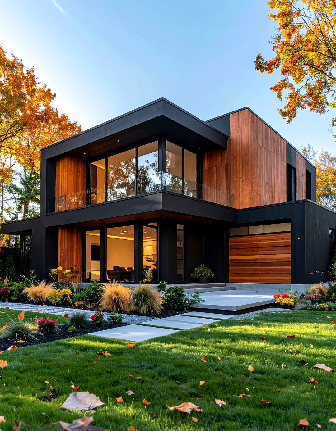 Black Stucco House with Smooth Cedar Panels - 20 Black House with Cedar Accents Design Ideas