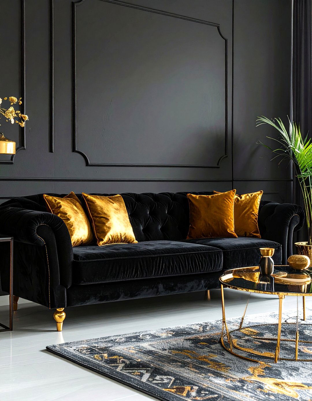 Black Velvet Sofa with Gold Accents - 40 Black and Gold Living Room Ideas for Luxurious Spaces