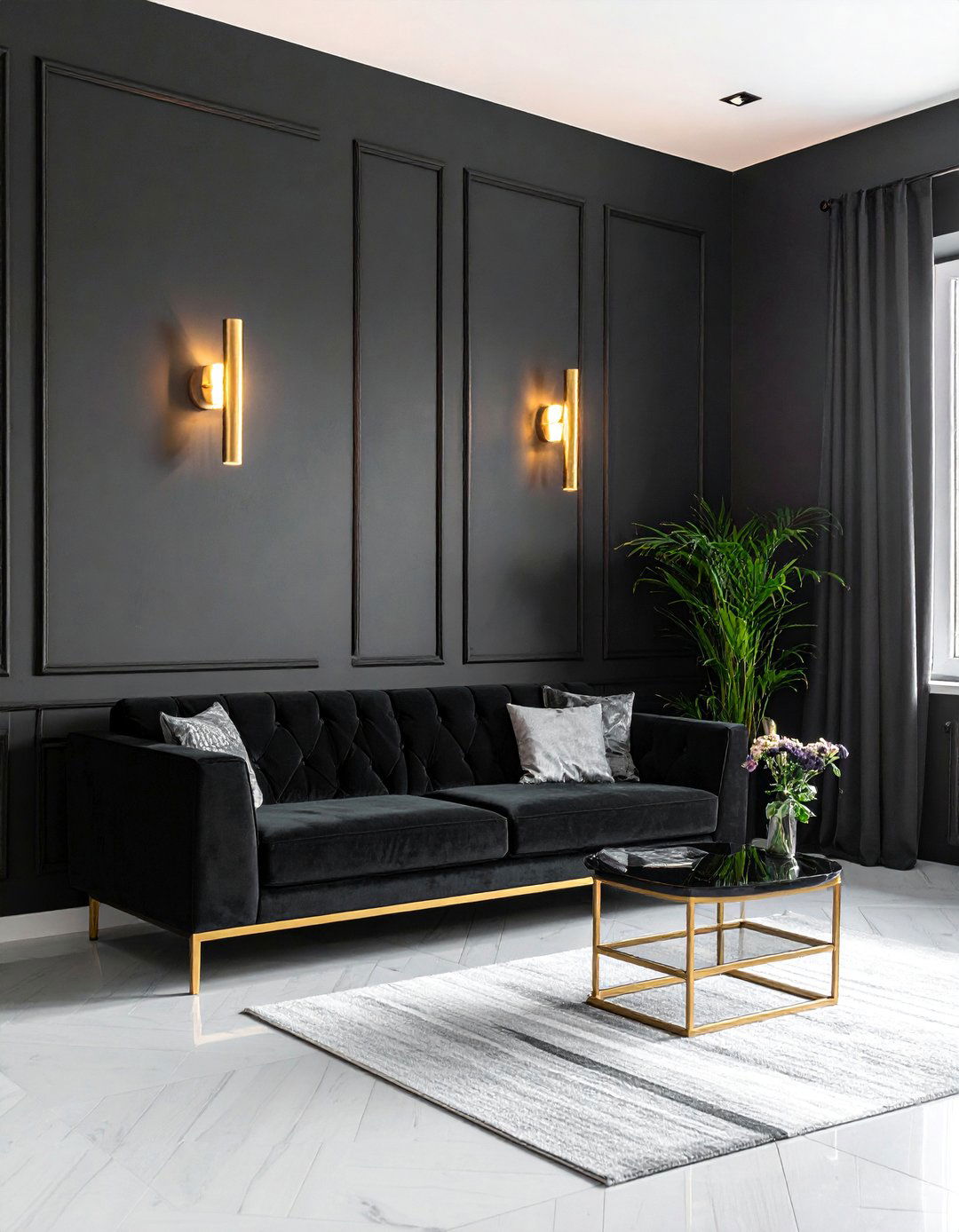 Black Walls with Gold Wall Sconces - 40 Black and Gold Living Room Ideas for Luxurious Spaces