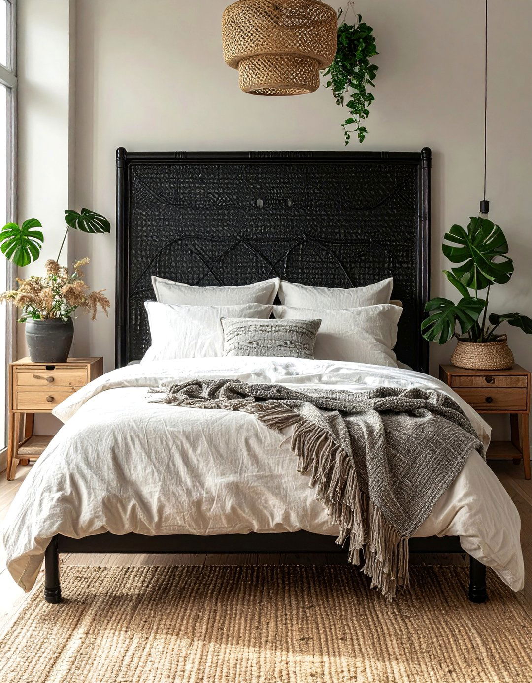 Black Woven Rattan Headboard - 15 Black Headboard Bedroom Ideas for Dramatic Flair