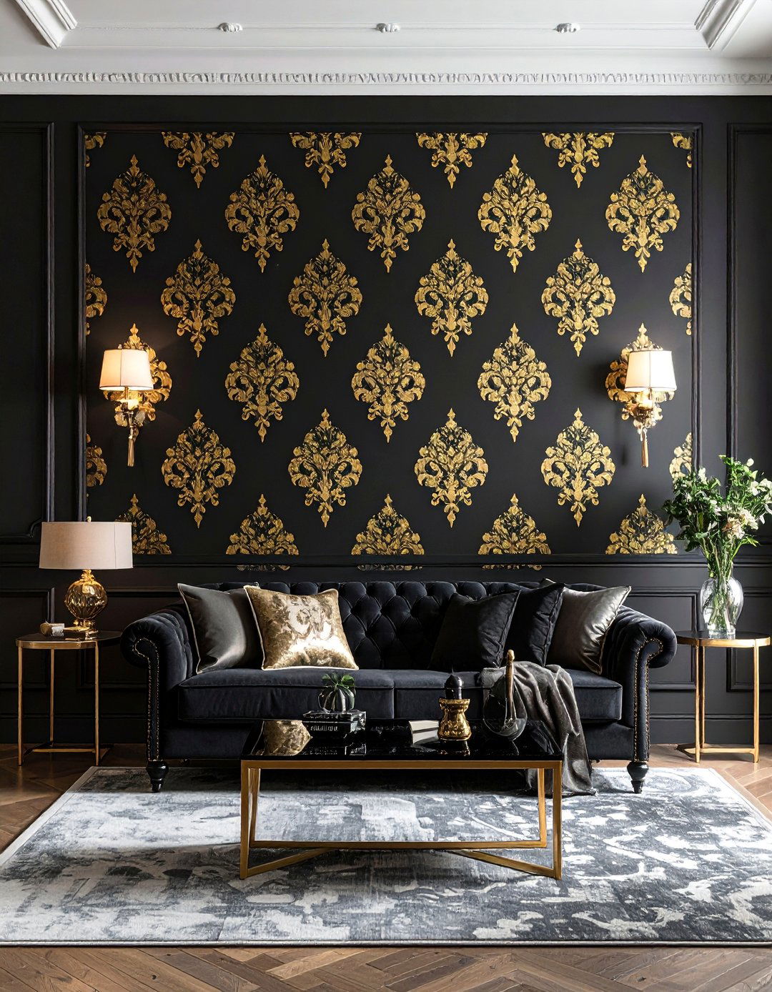 Black and Gold Damask Wallpaper - 40 Black and Gold Living Room Ideas for Luxurious Spaces