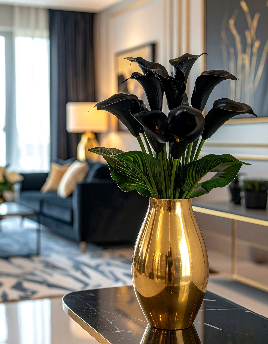 Black and Gold Floral Arrangements - 40 Black and Gold Living Room Ideas for Luxurious Spaces