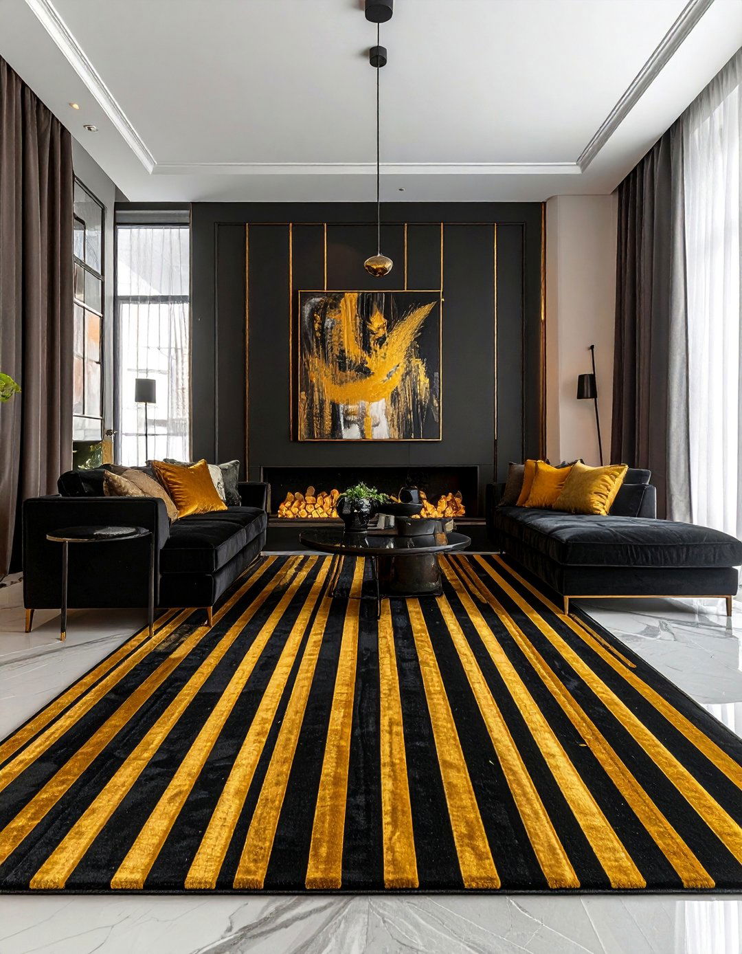 Black and Gold Striped Accents - 40 Black and Gold Living Room Ideas for Luxurious Spaces