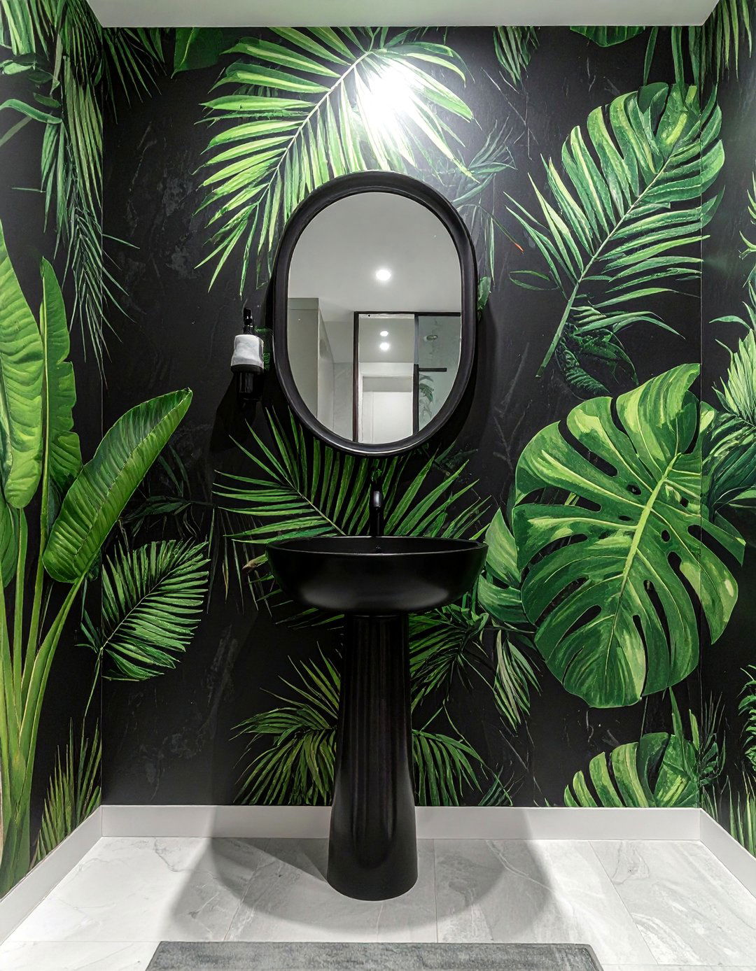 Black and Green Bathroom with Botanical Wallpaper - 15 Stunning Black and Green Bathroom Design Ideas