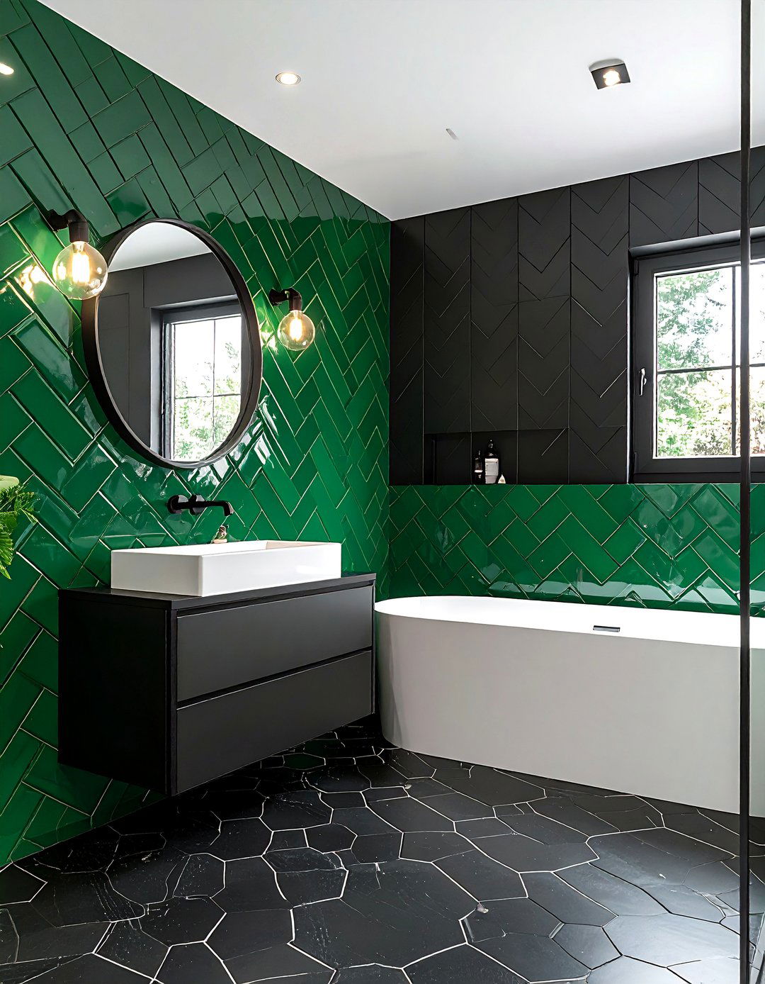 Black and Green Bathroom with Emerald Subway Tiles - 15 Stunning Black and Green Bathroom Design Ideas