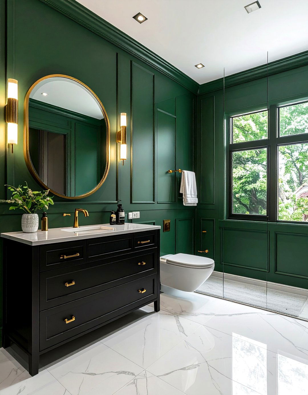 Black and Green Bathroom with Gold Hardware - 15 Stunning Black and Green Bathroom Design Ideas