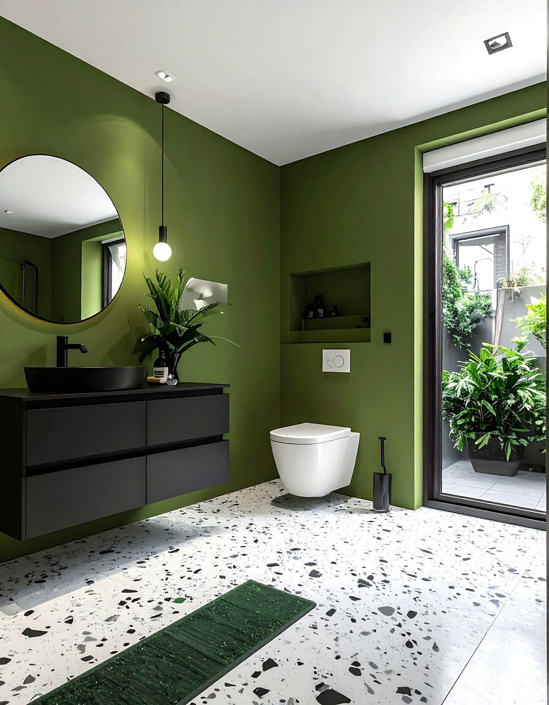 Black and Green Bathroom with Terrazzo Elements - 15 Stunning Black and Green Bathroom Design Ideas
