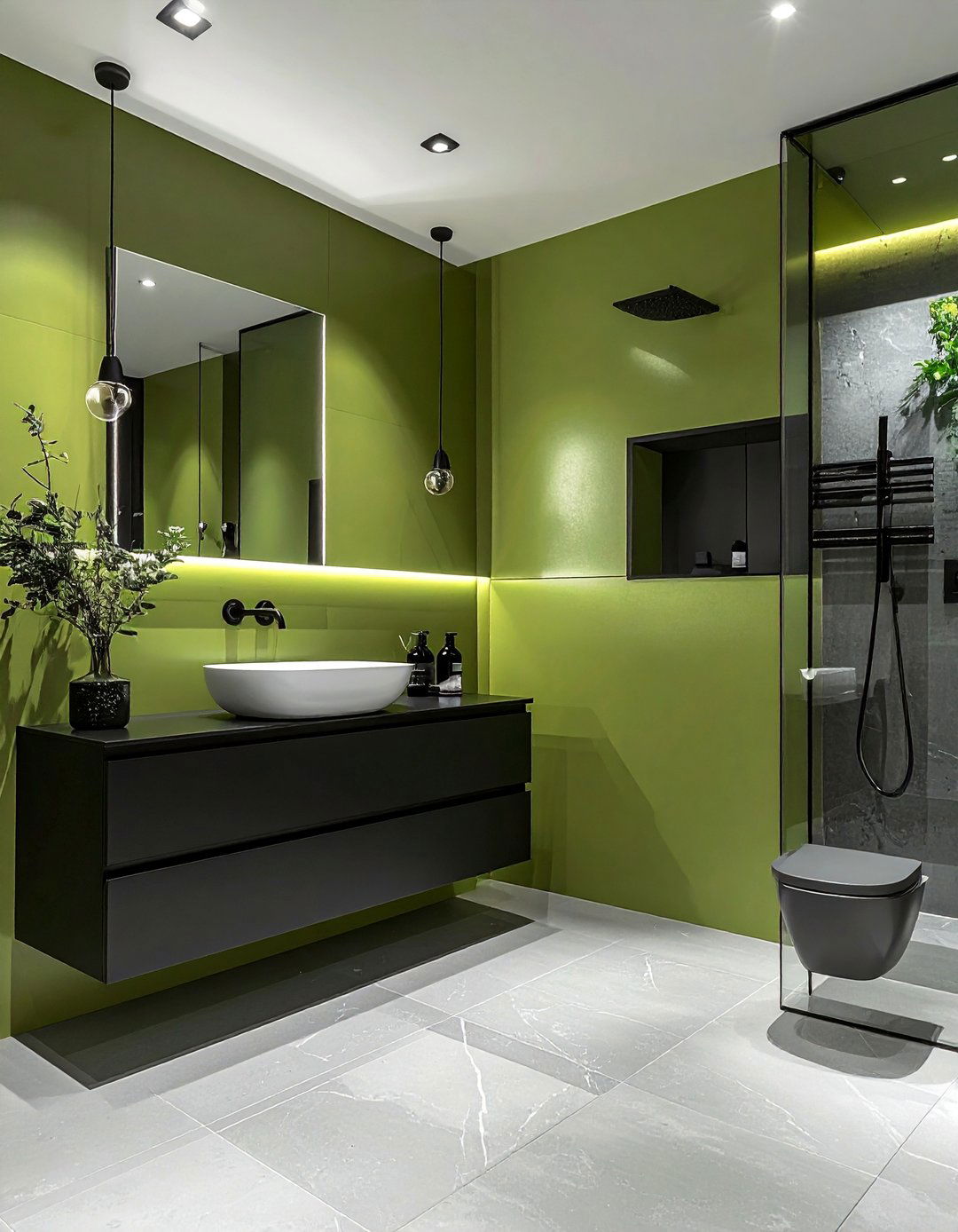 Black and Green Bathroom with a Floating Vanity - 15 Stunning Black and Green Bathroom Design Ideas