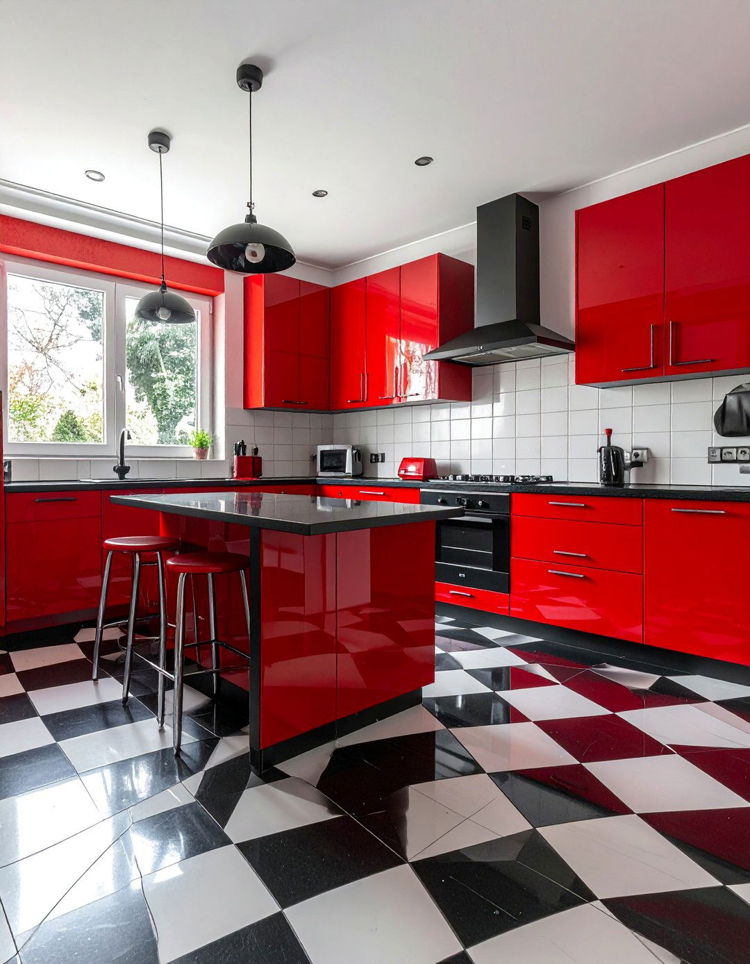 Black and Red Checkered Flooring - 25 Red and Black Kitchen Ideas for a Dramatic Flair