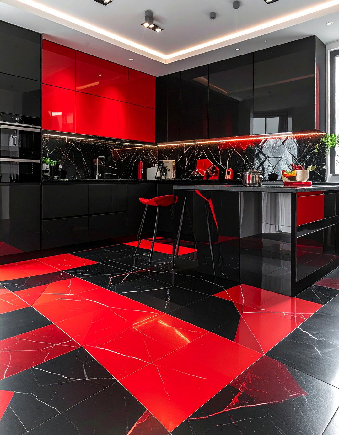 Black and Red Geometric Floor Tiles - 25 Red and Black Kitchen Ideas for a Dramatic Flair
