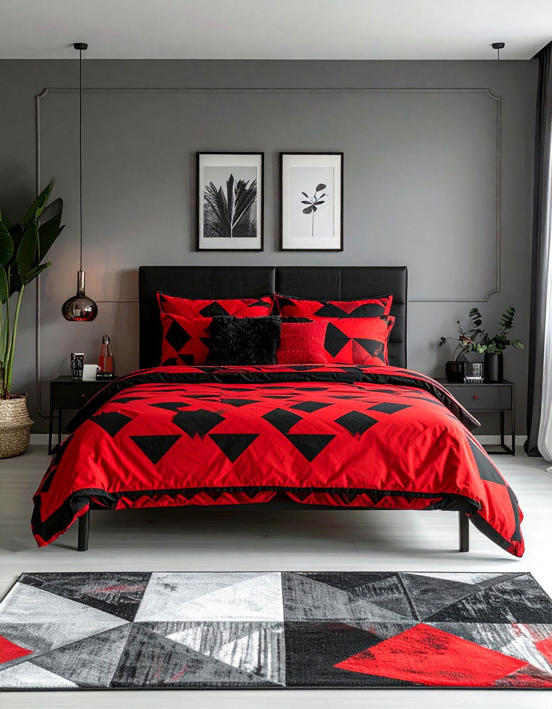 Black and Red Geometric Patterned Bedding - 25 Red and Black Bedroom Ideas for a Bold Statement