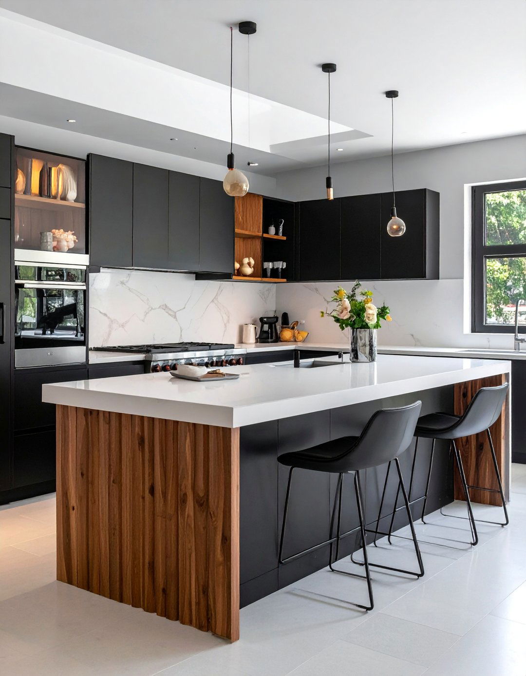 Black and White Kitchen with Fluted Cabinetry - 40 Black and White Kitchen Ideas for a Classic and Chic Space