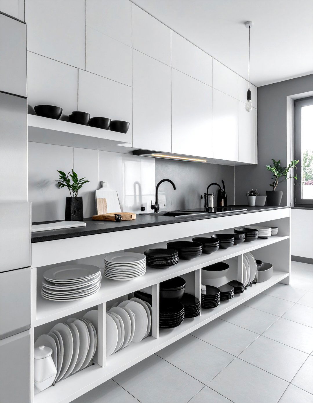 Black and White Kitchen with Lower Open Shelving - 40 Black and White Kitchen Ideas for a Classic and Chic Space