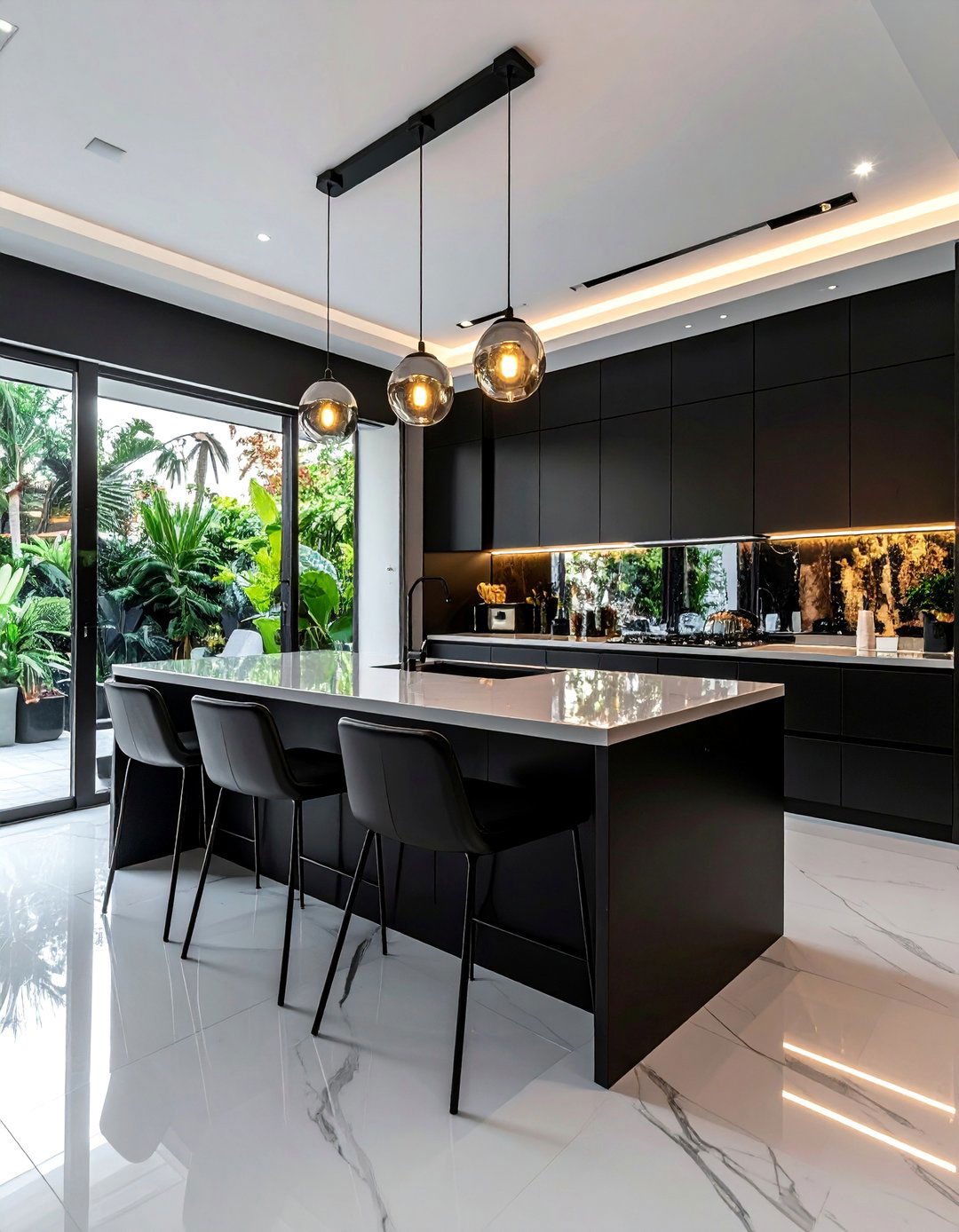Black and White Kitchen with Mirrored Backsplash - 40 Black and White Kitchen Ideas for a Classic and Chic Space