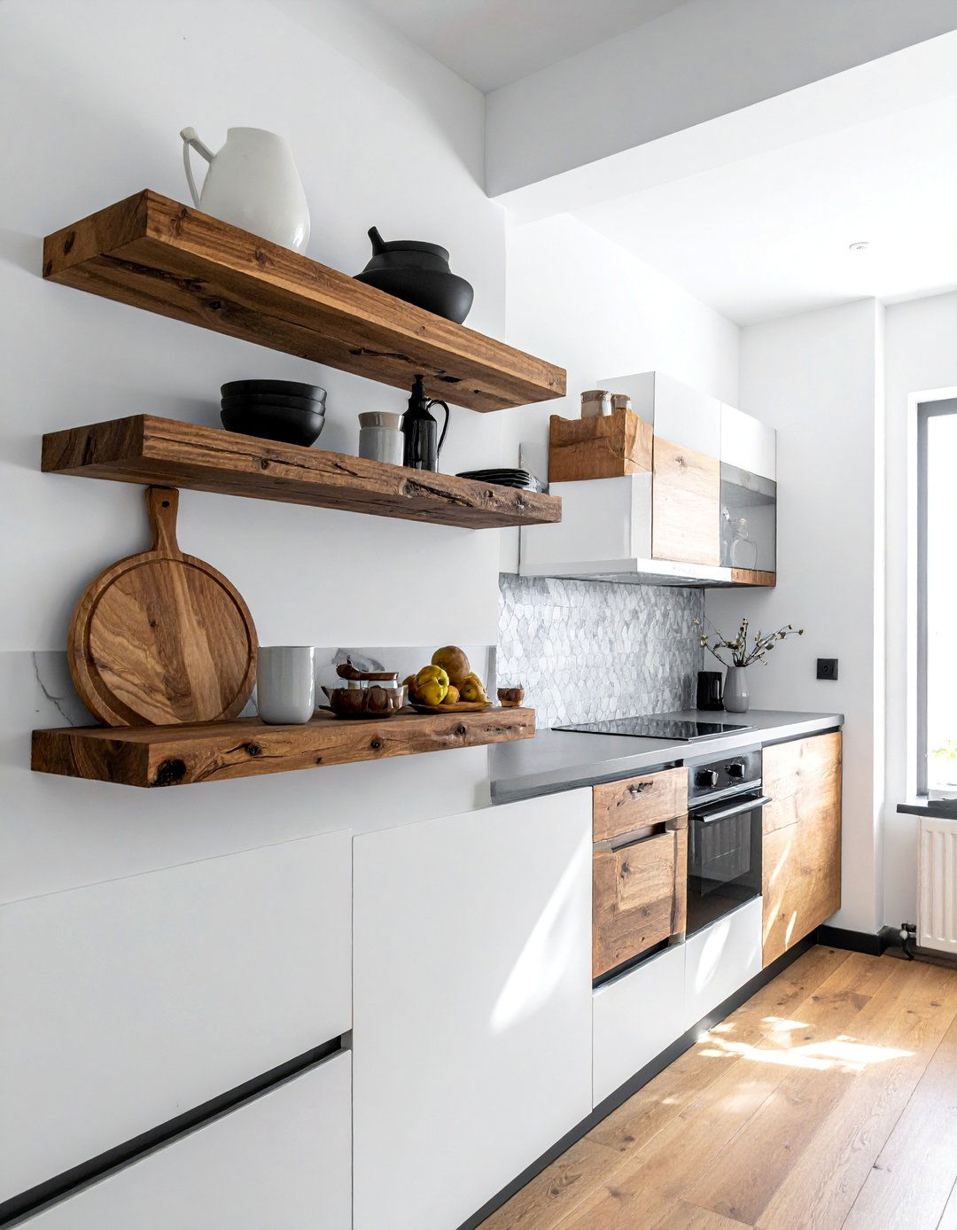Black and White Kitchen with Open Shelving - 40 Black and White Kitchen Ideas for a Classic and Chic Space