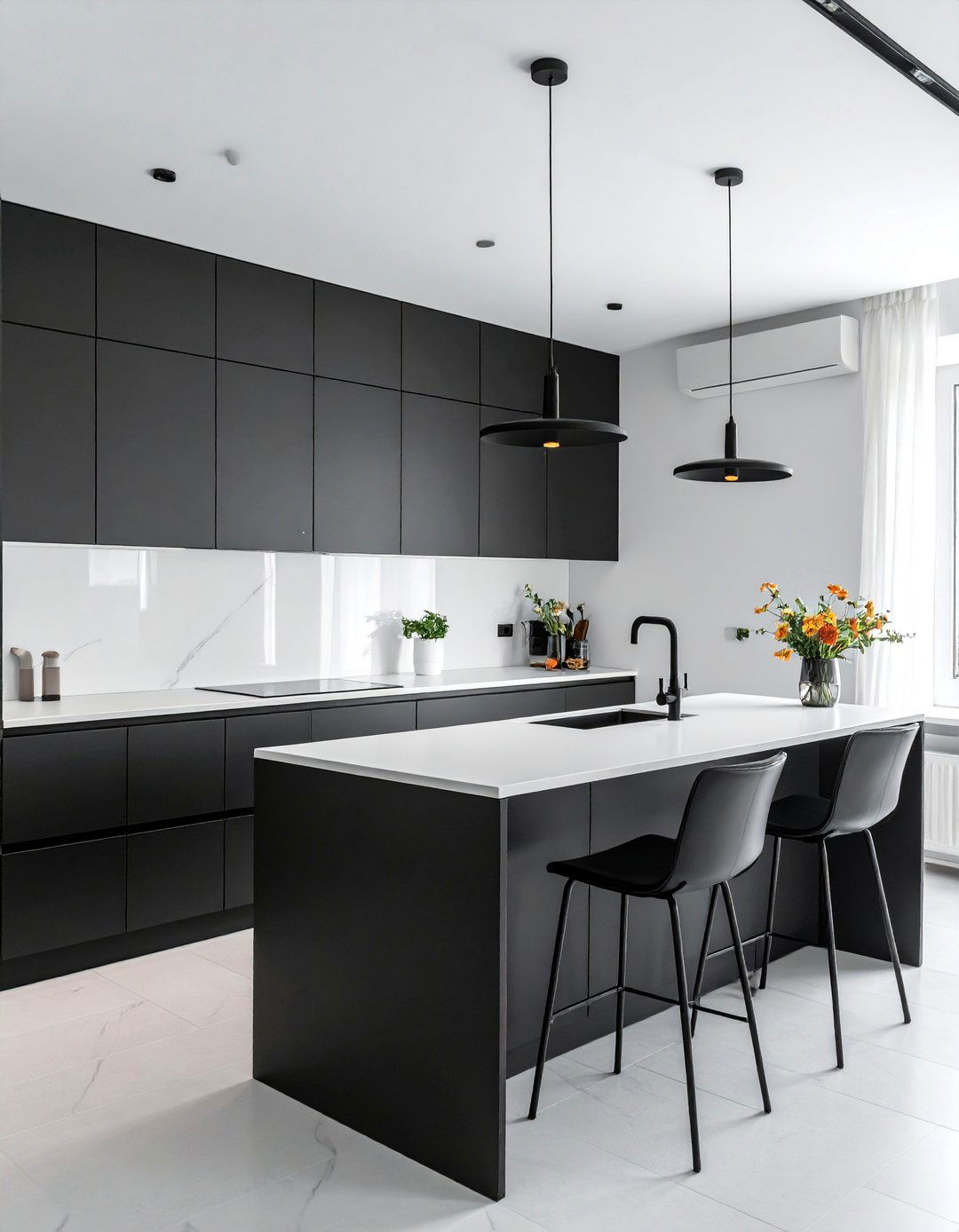 Black and White Kitchen with Slab Cabinet Doors - 40 Black and White Kitchen Ideas for a Classic and Chic Space