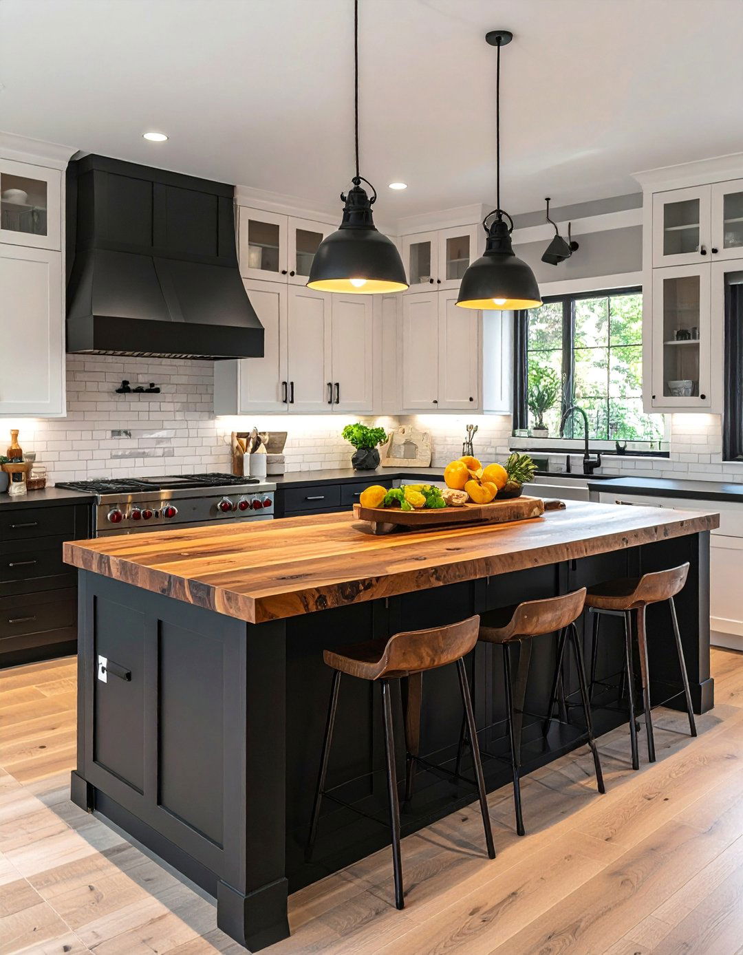 Black and White Kitchen with a Butcher Block Island Top - 40 Black and White Kitchen Ideas for a Classic and Chic Space